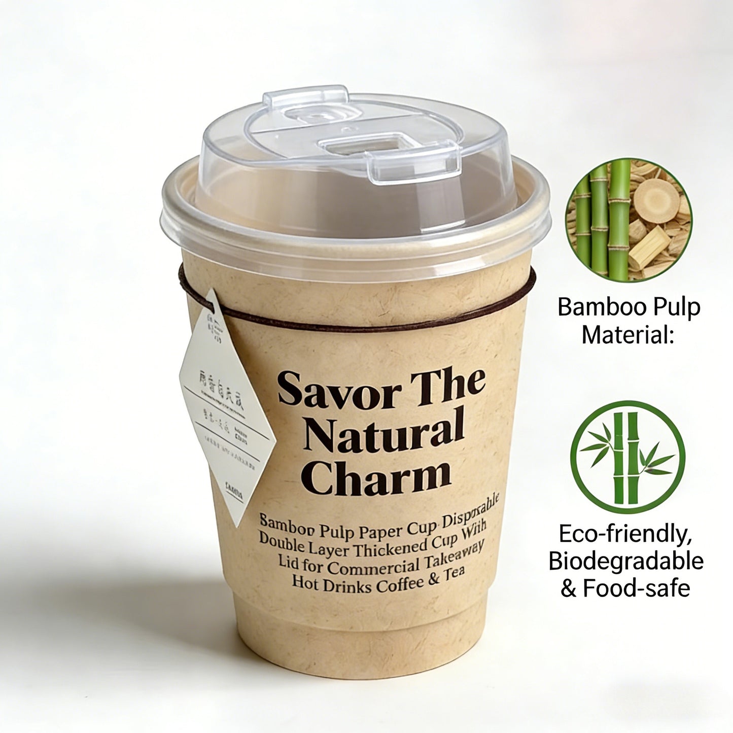 12oz Bamboo Pulp Paper Cups Wholesale Double Layer Thickened with Lid for Hot Drinks Coffee & Tea Commercial Takeaway