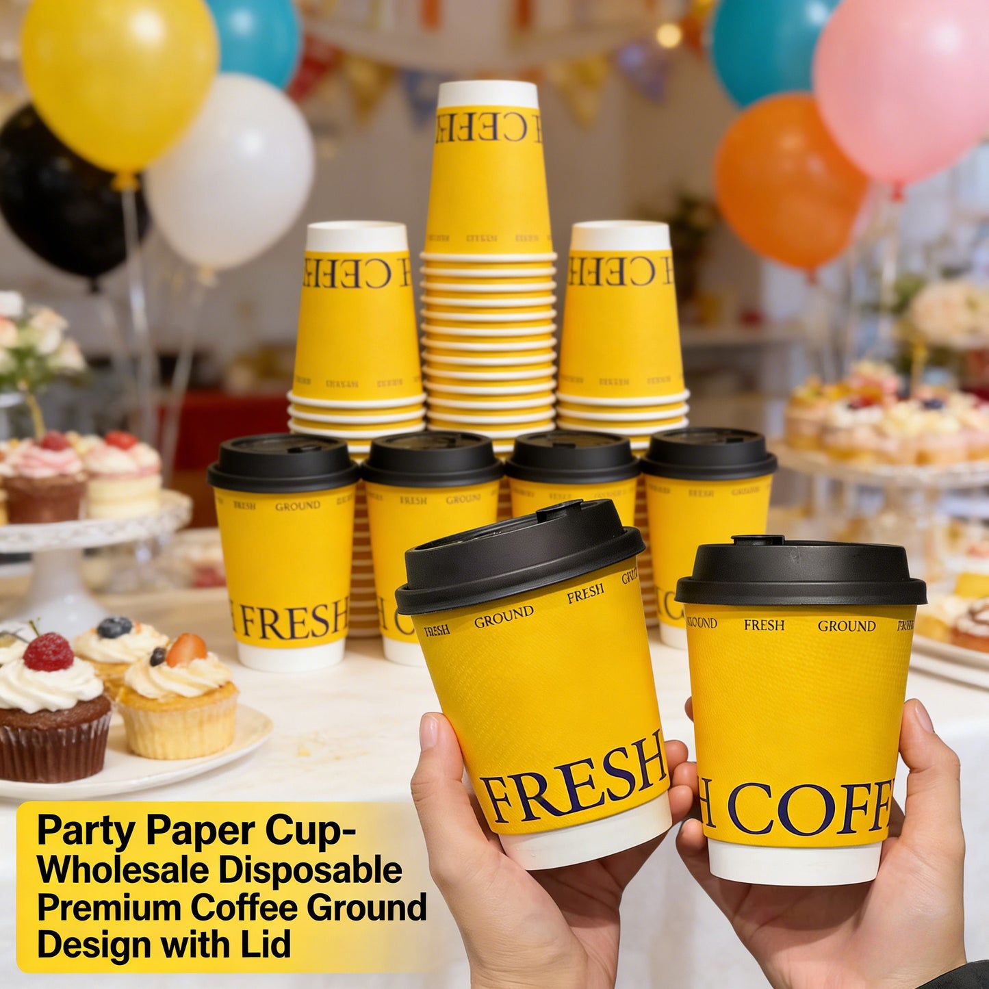 Party Paper Cup - Wholesale Disposable Premium Coffee Ground Design with Lid for Takeaway Cold Hot Drinks Customizable