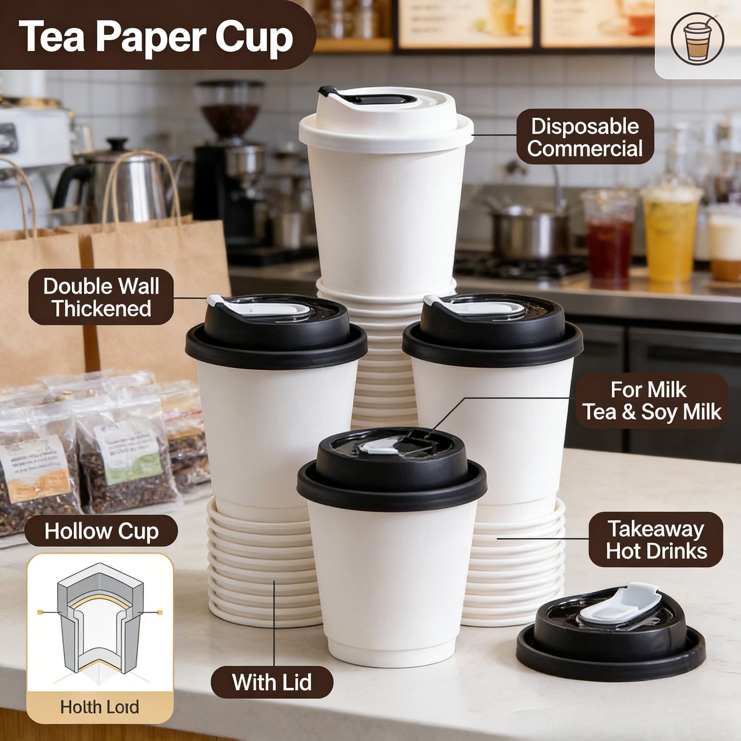 Double Wall Thickened Hollow Tea Paper Cup Wholesale with Lid for Milk Tea Soy Milk Hot Drinks Commercial Takeaway