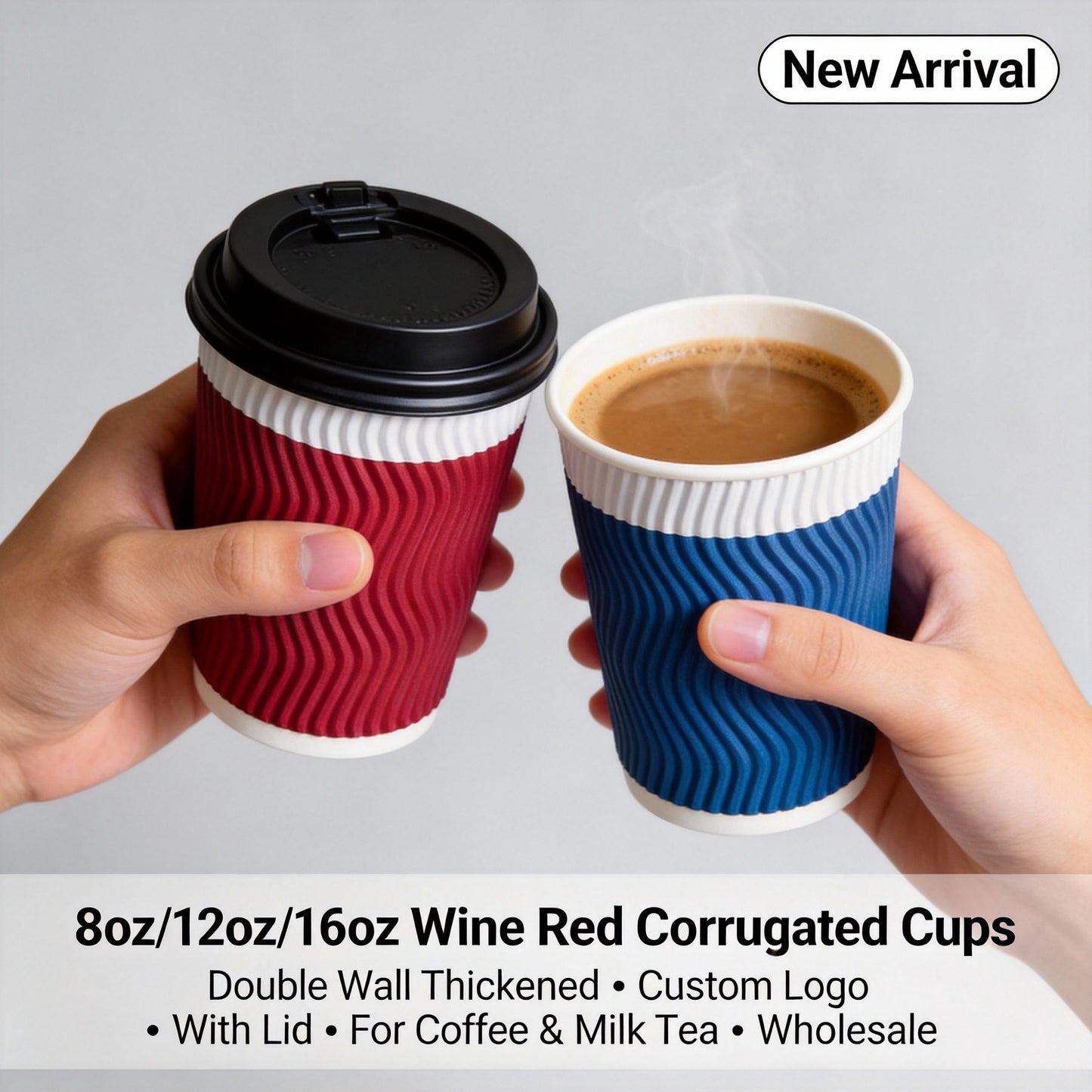8oz/12oz/16oz Wine Red Corrugated Cups Double Wall Thickened Custom Logo for Coffee Milk Tea Hot Drinks Takeaway Wholesale