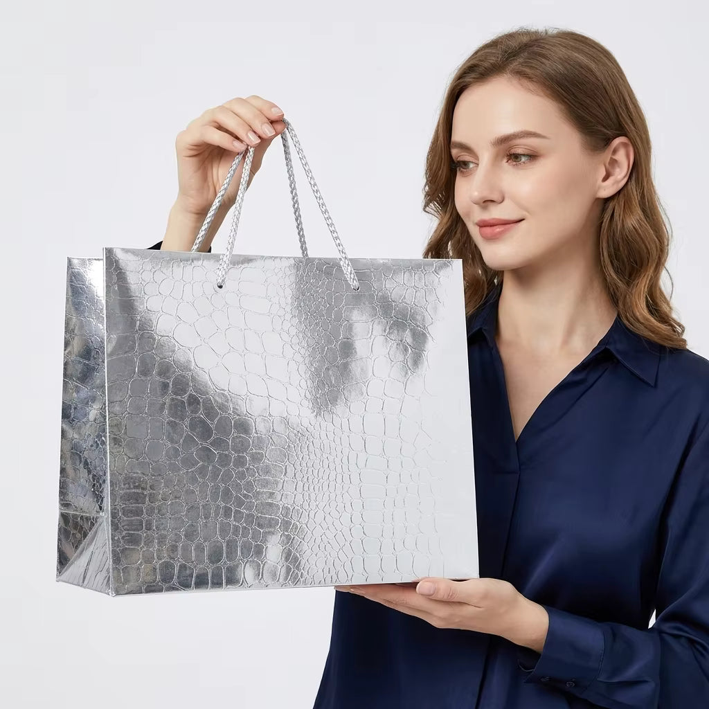 Luxury Silver Laminated Paper Bags, 300gsm Cardboard Shopping Bags with Silk Ribbon Handles for Brand Promotions