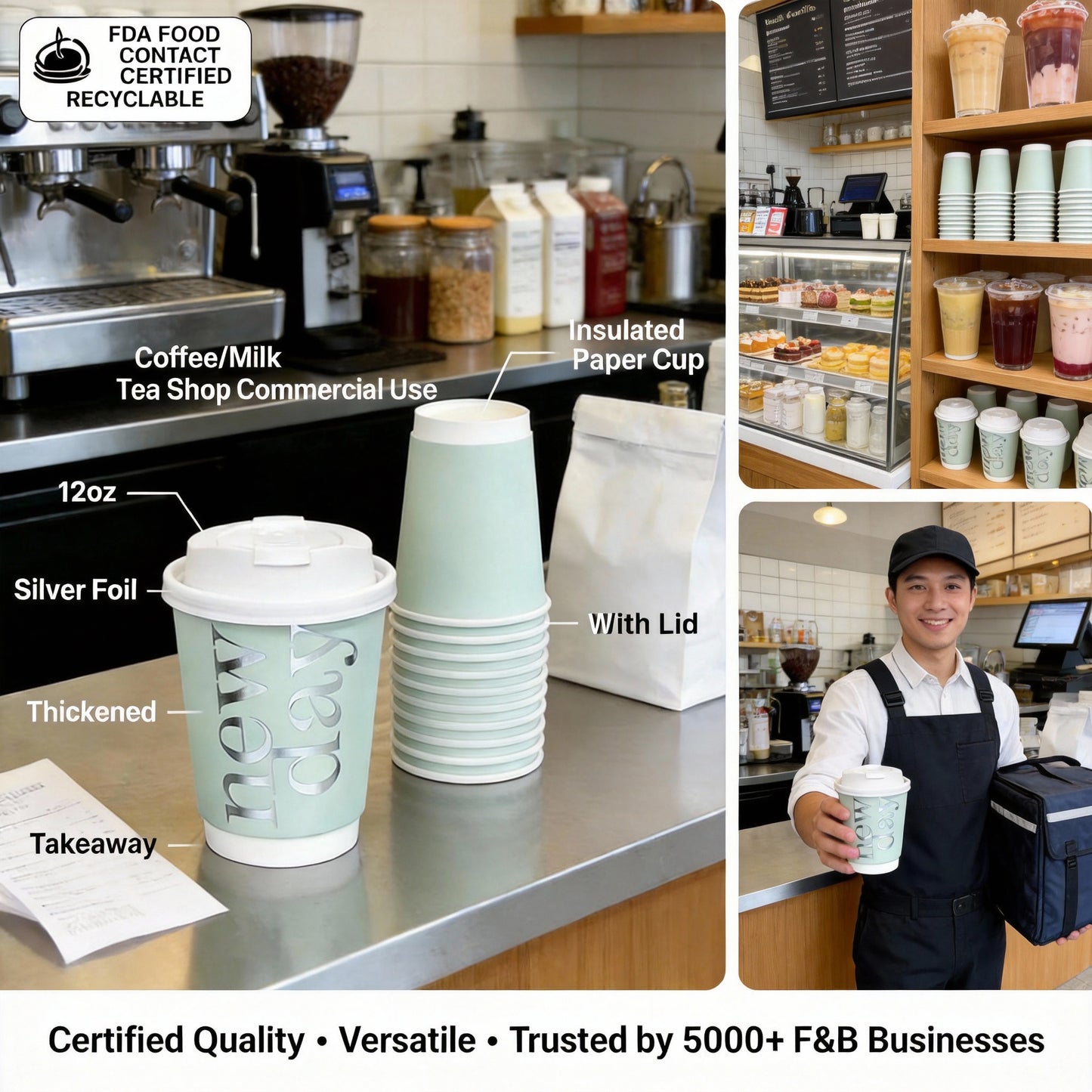 12oz Insulated Paper Cup Wholesale Silver Foil Thickened with Lid for Coffee Milk Tea Commercial Takeaway