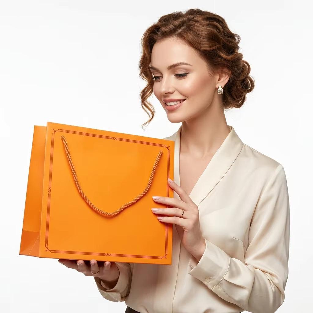 Custom White Cardboard Bags with Ribbon Handles, 12x6x14 Inch Paper Gift Bags for Brand Promotions