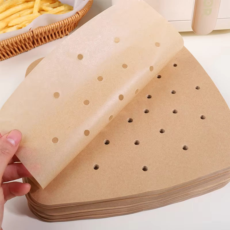 Perforated Air Fryer Paper Liners, 8 Inch Square, with Holes for Even Airflow, for Crispy Results, 100 Pcs