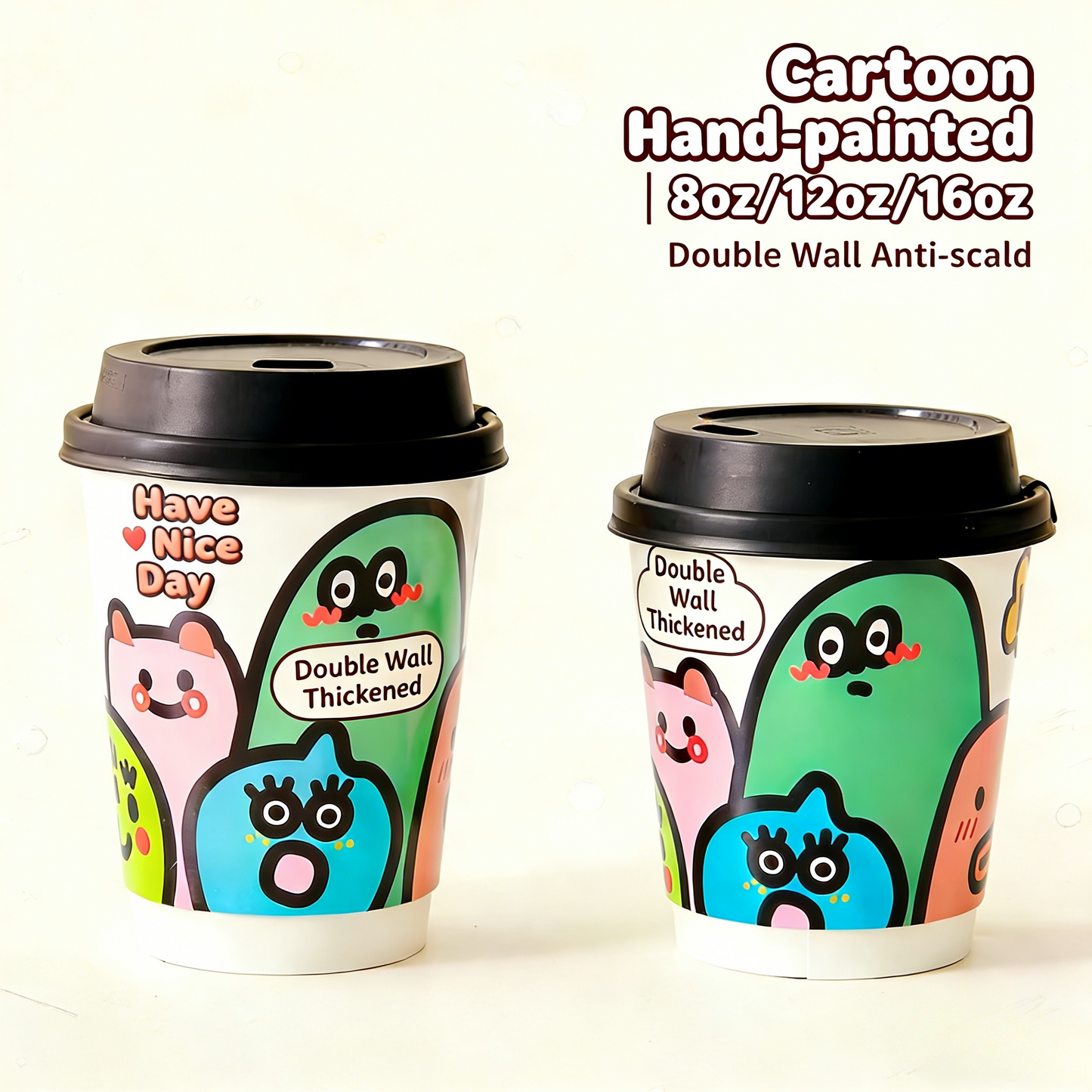 12oz Double Wall Paper Cup Wholesale Cartoon Hand-painted with Leak-proof Lids for Coffee Milk Tea Takeaway