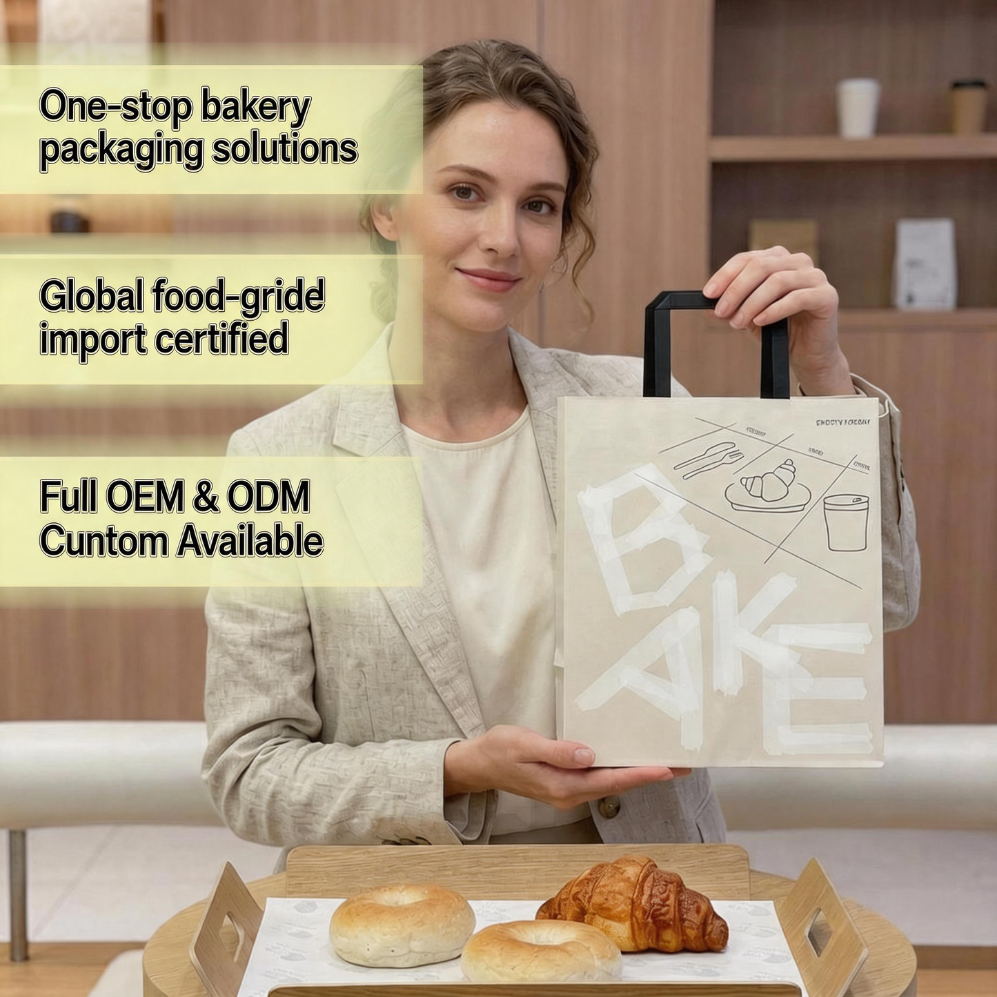 Brown Kraft Paper Shopping Bag With Flat Paper Handle, Custom Printed Food Grade Recyclable Bakery Pastry Takeaway Packaging Bag