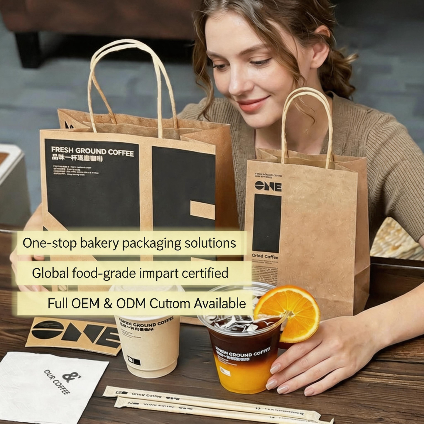 Kraft Paper Shopping Bag With Twisted Paper Rope Handle, Custom Printed Food Grade Coffee Drink Takeaway Packaging Bag