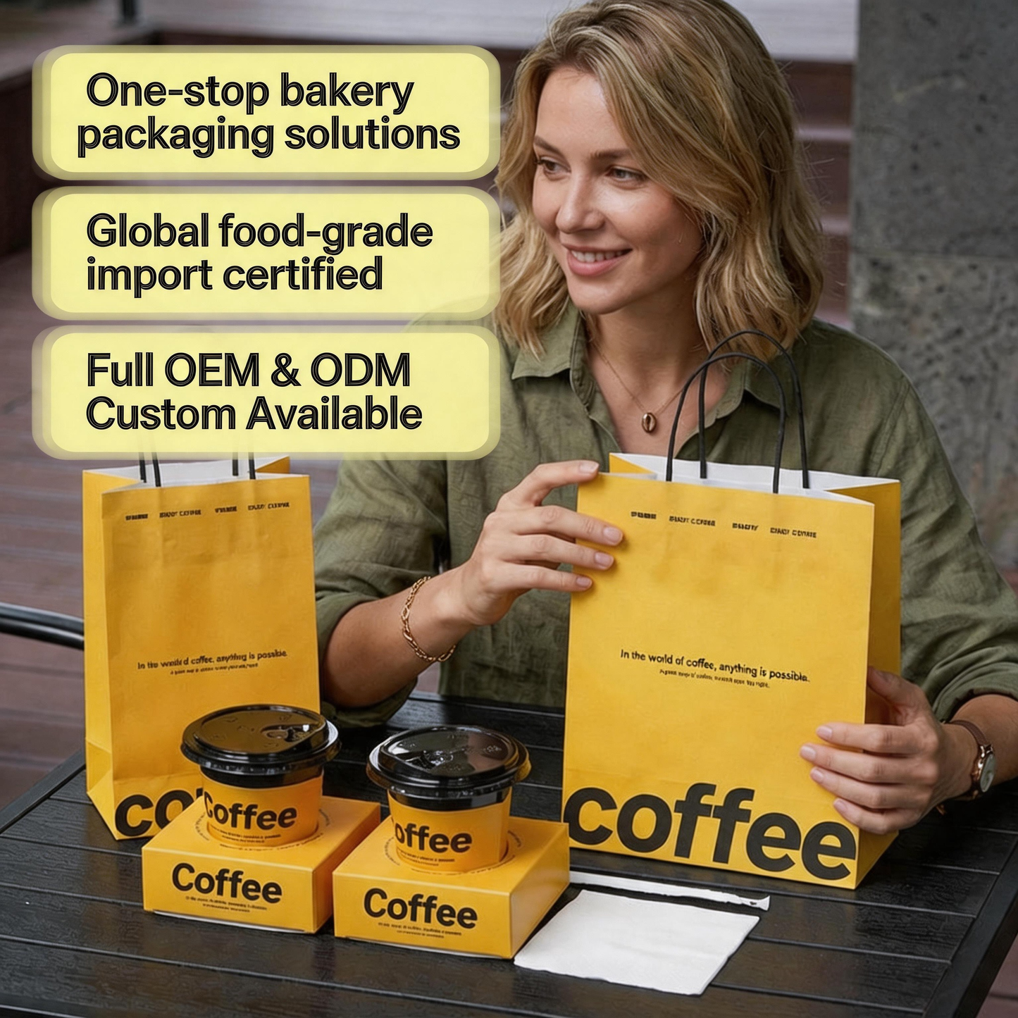 White Kraft Paper Bag With Black Twisted Paper Rope Handle, Custom Printed Food Grade Coffee Drink Takeaway Packaging Bag