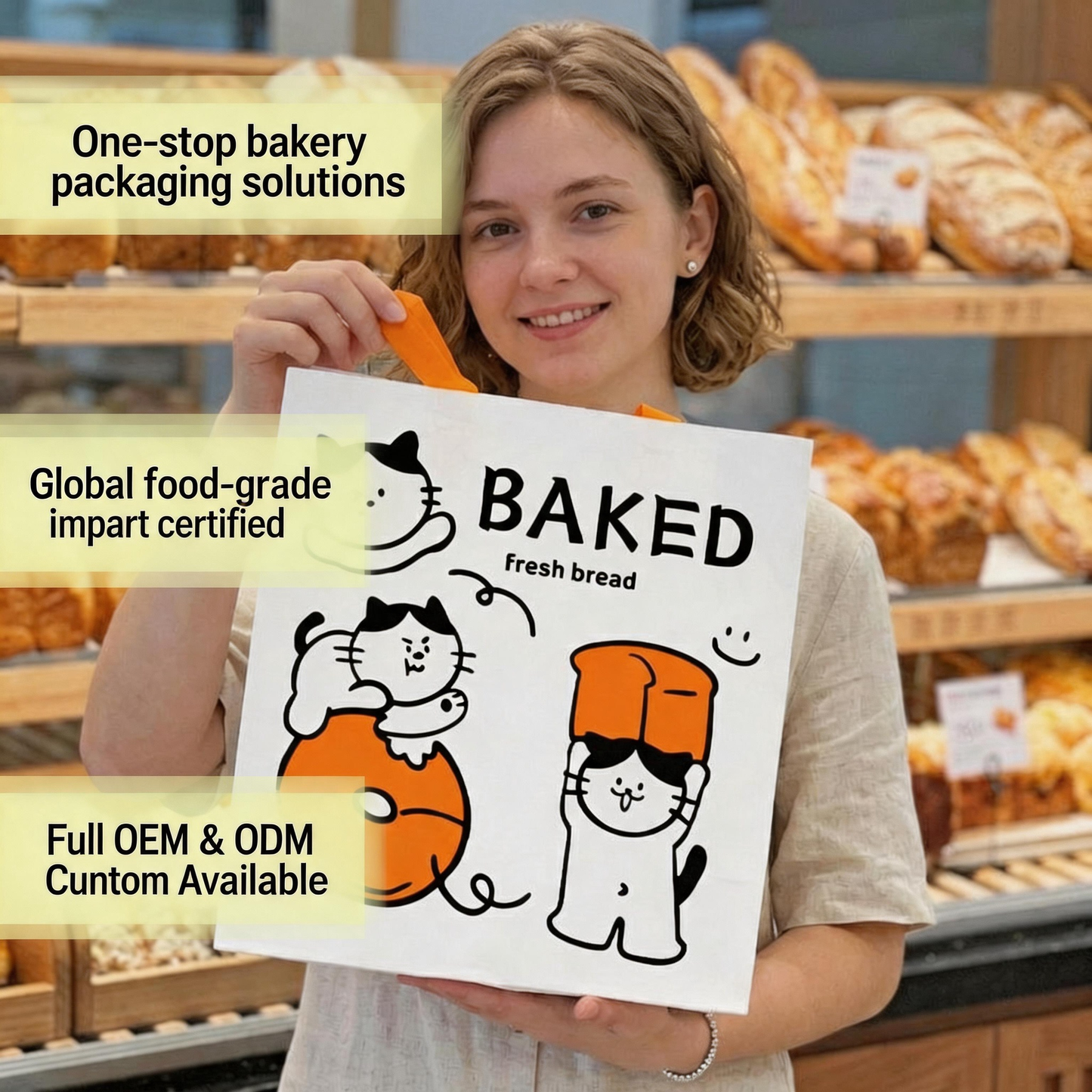White Kraft Paper Shopping Bag With Flat Paper Handle, Custom Printed Food Grade Recyclable Bakery Takeaway Packaging Bag