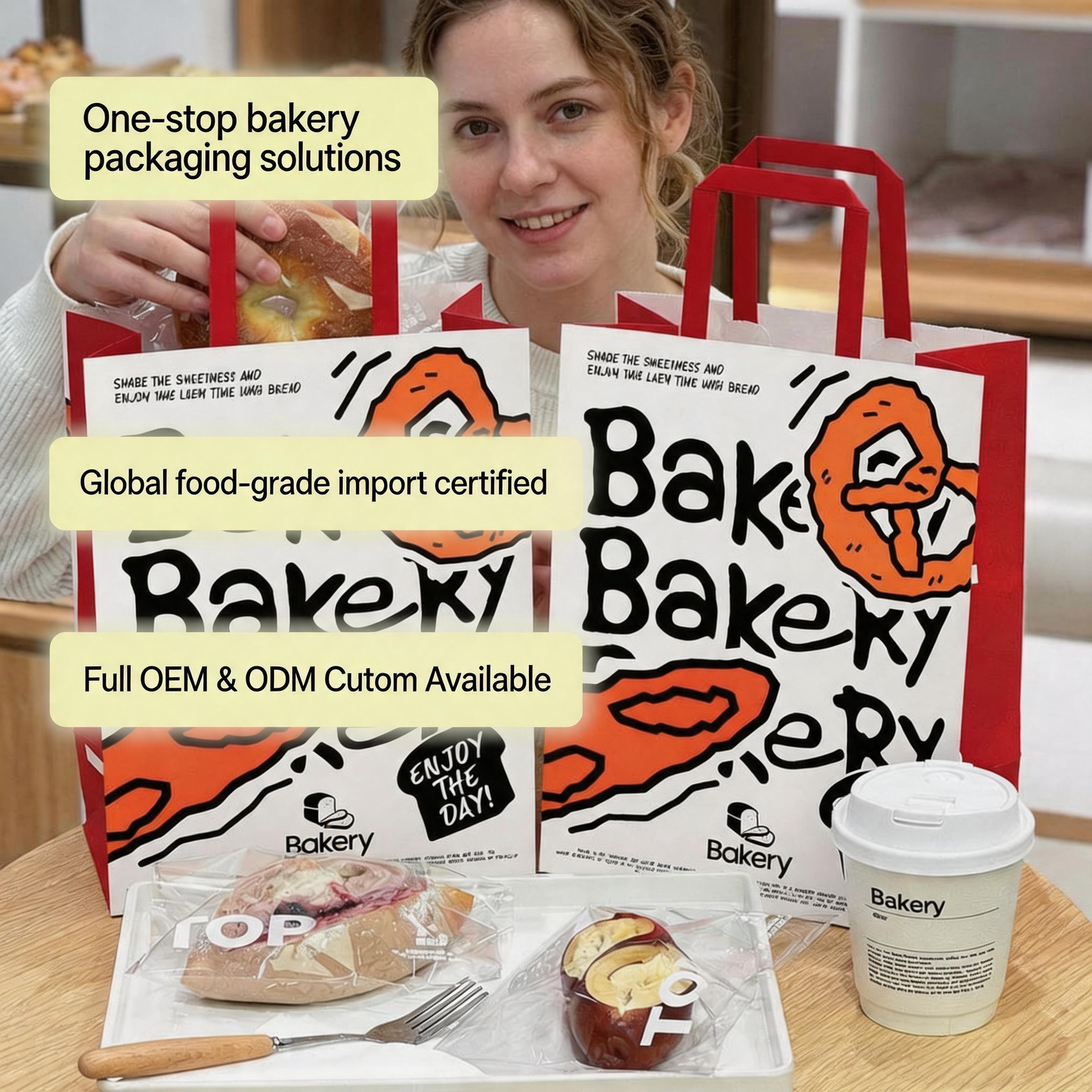 White Kraft Paper With Red Flat Paper Handle, Custom Printed Food Grade Recyclable Bakery Bread & Coffee Takeaway Packaging Bag