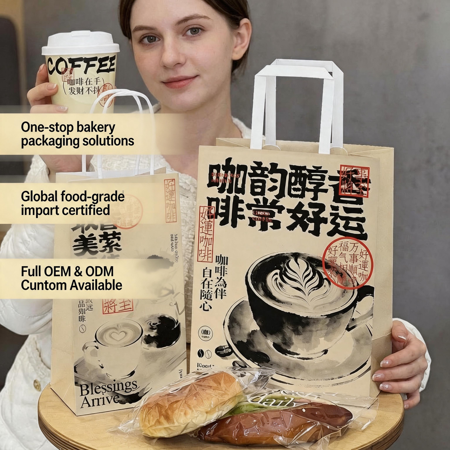 Kraft Paper Shopping Bag With Flat Paper Handle, Custom Printed Food Grade Recyclable Coffee & Bakery Takeaway Packaging Bag