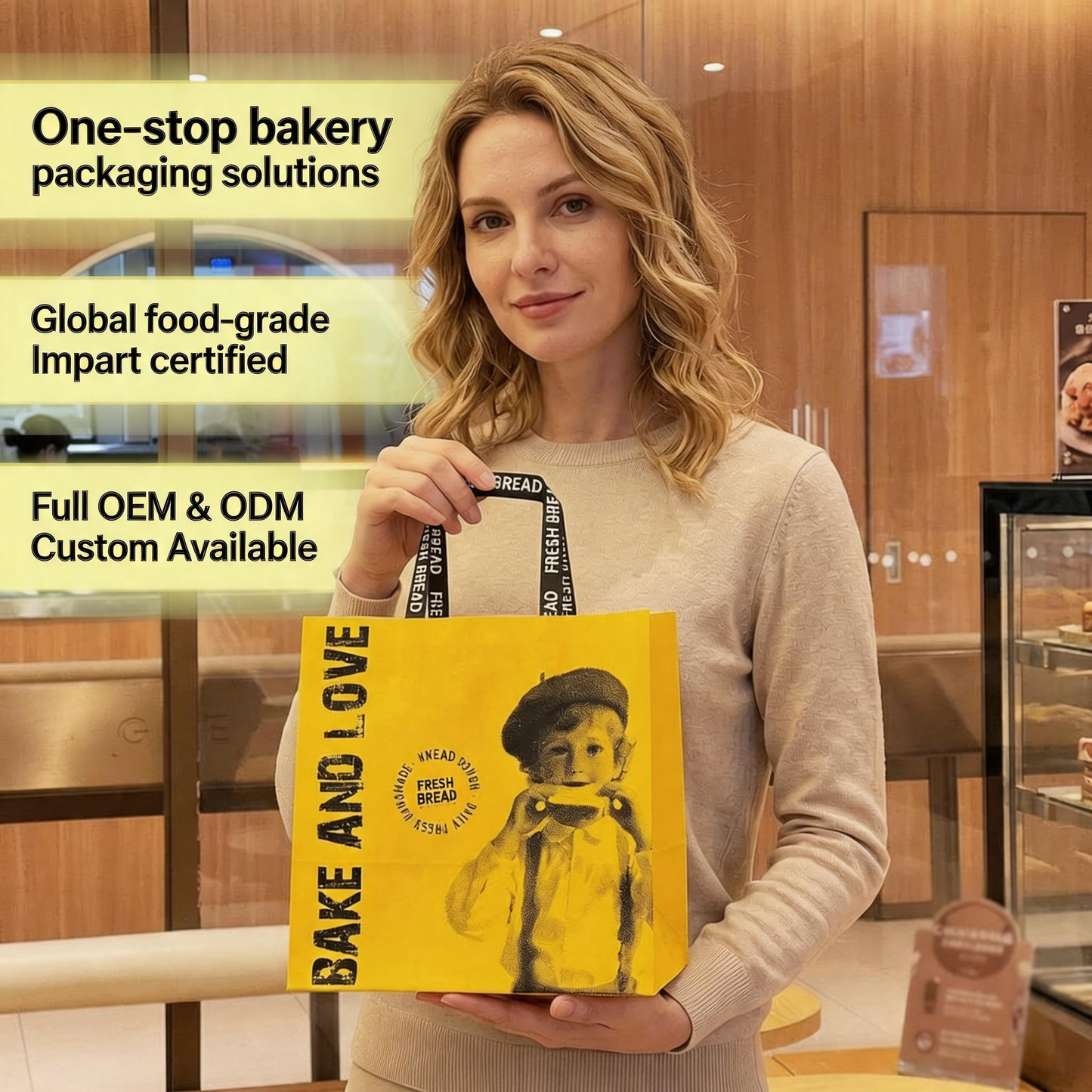 Kraft Paper Shopping Bag With Printed Flat Paper Handle, Custom Printed Food Grade Bakery Bread Dessert Takeaway Packaging Bag