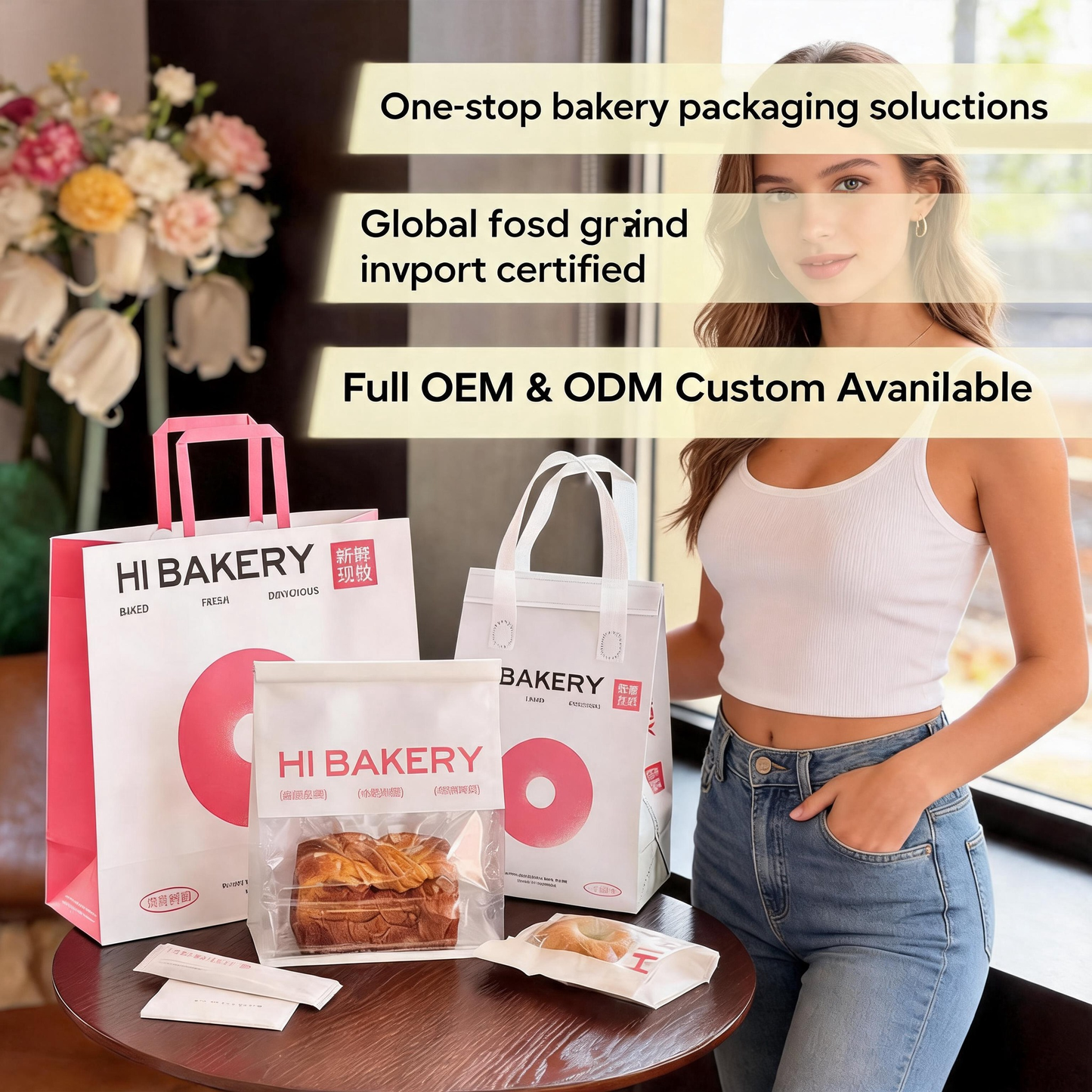 White Kraft Bag With Color Flat Handle, Custom Printed Food Grade Recyclable Bakery Bread Takeaway Packaging Bag