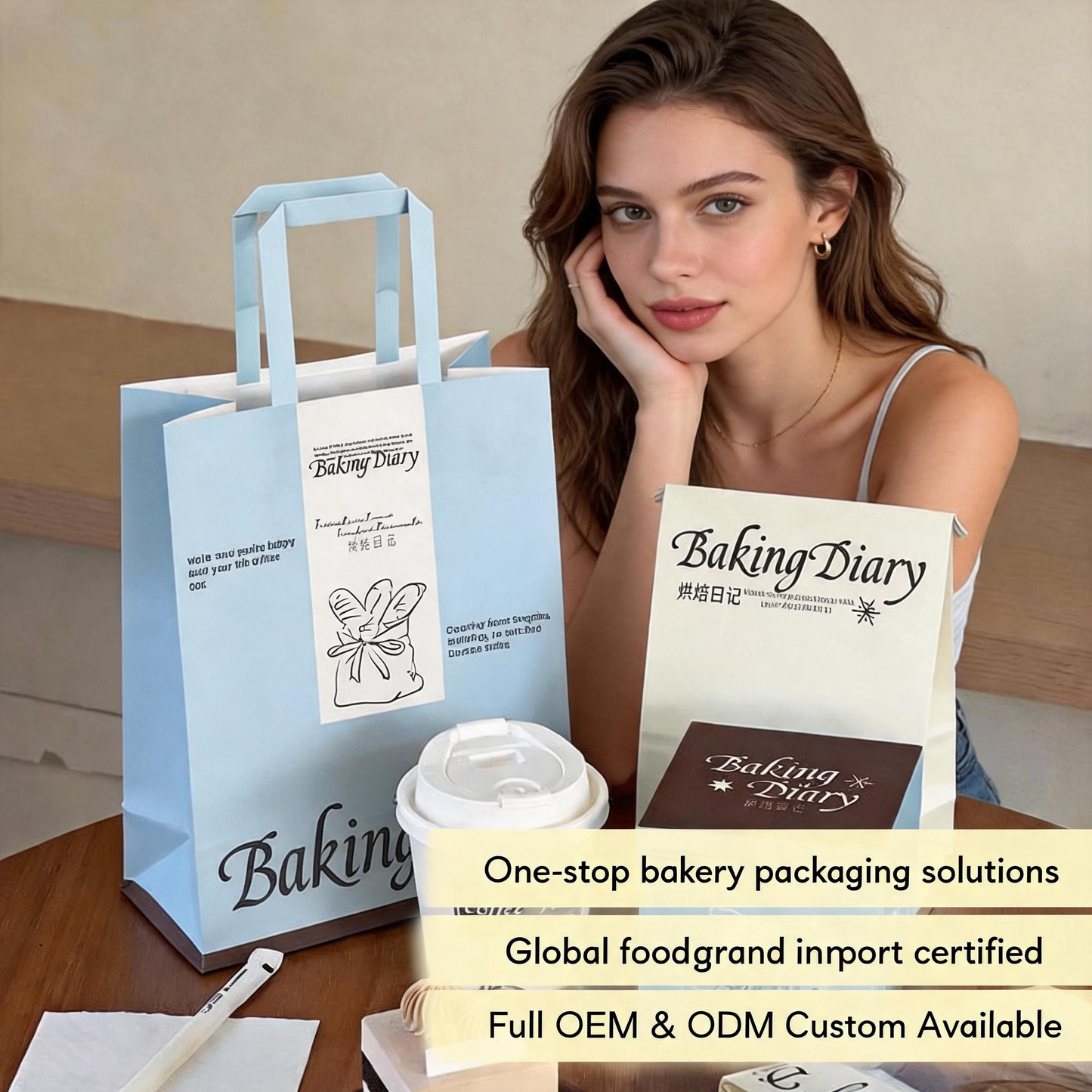Light Blue Kraft Carry Bag with Pale Blue Flat Handle, Custom Printed Eco Food Grade Bakery & Coffee Takeaway Packaging