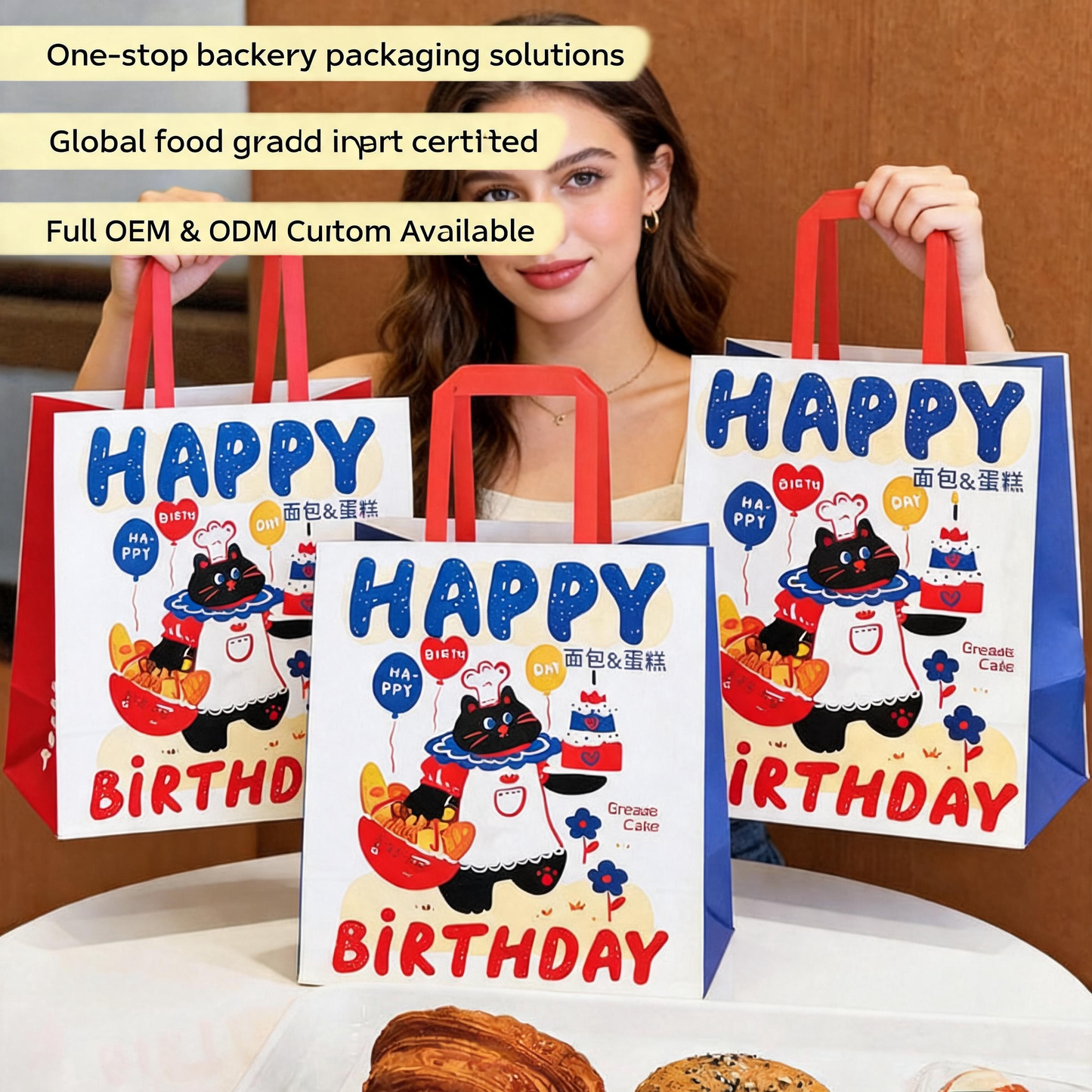 White Kraft Birthday Carry Bag with Red Flat Handle, Cartoon Printed Eco Food Grade Cake & Bread Gift Takeaway Packaging