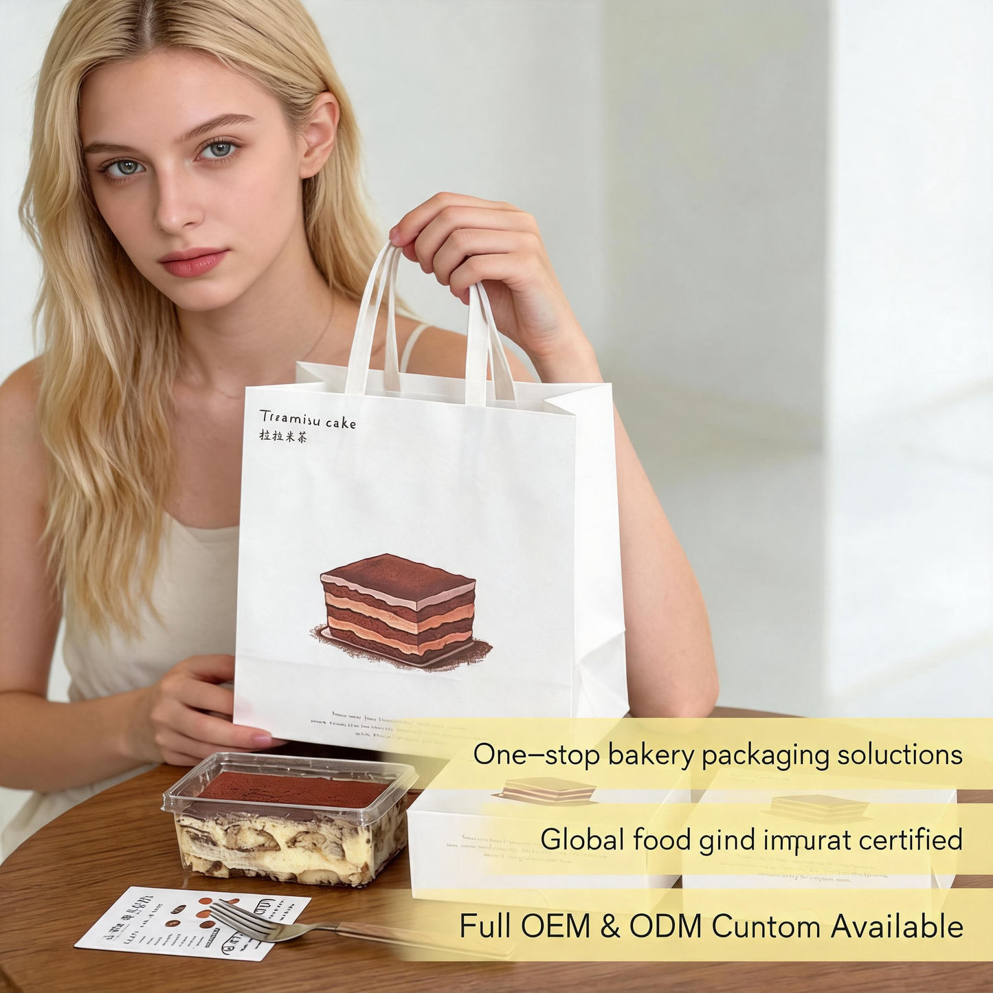 White Kraft Cake Carry Bag with White Flat Handle, Custom Printed Recyclable Tiramisu Dessert Bakery Takeaway Gift Packaging