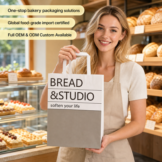 White Paper Shopping Bag with Flat Handles, Minimalist Custom Printed Bakery Bread Takeaway Gift Packaging Carry Bag