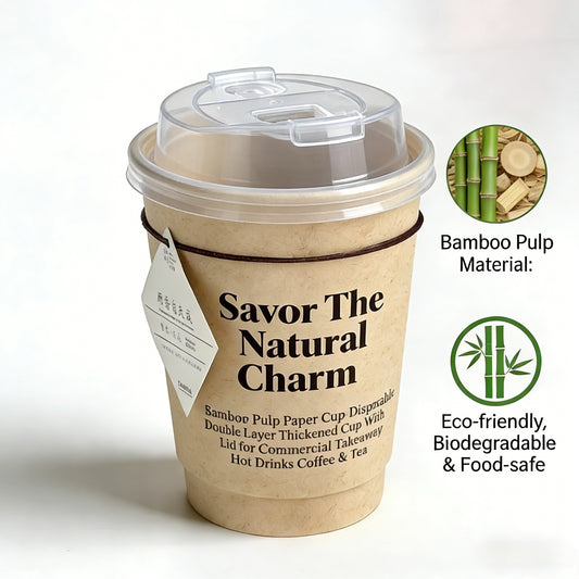12oz Bamboo Pulp Paper Cups Wholesale Double Layer Thickened with Lid for Hot Drinks Coffee & Tea Commercial Takeaway