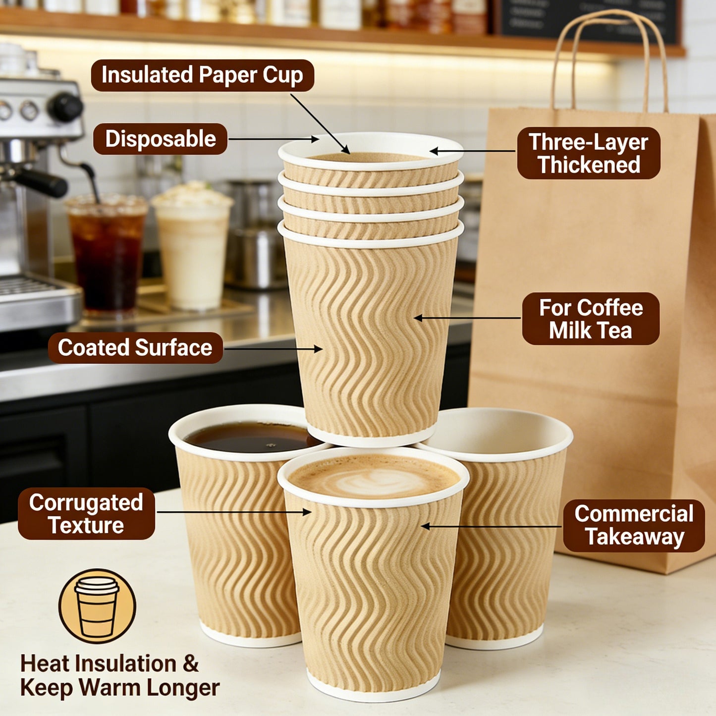 Three-Layer Corrugated Insulated Paper Cup Wholesale Coated Custom for Coffee Milk Tea Commercial Takeaway