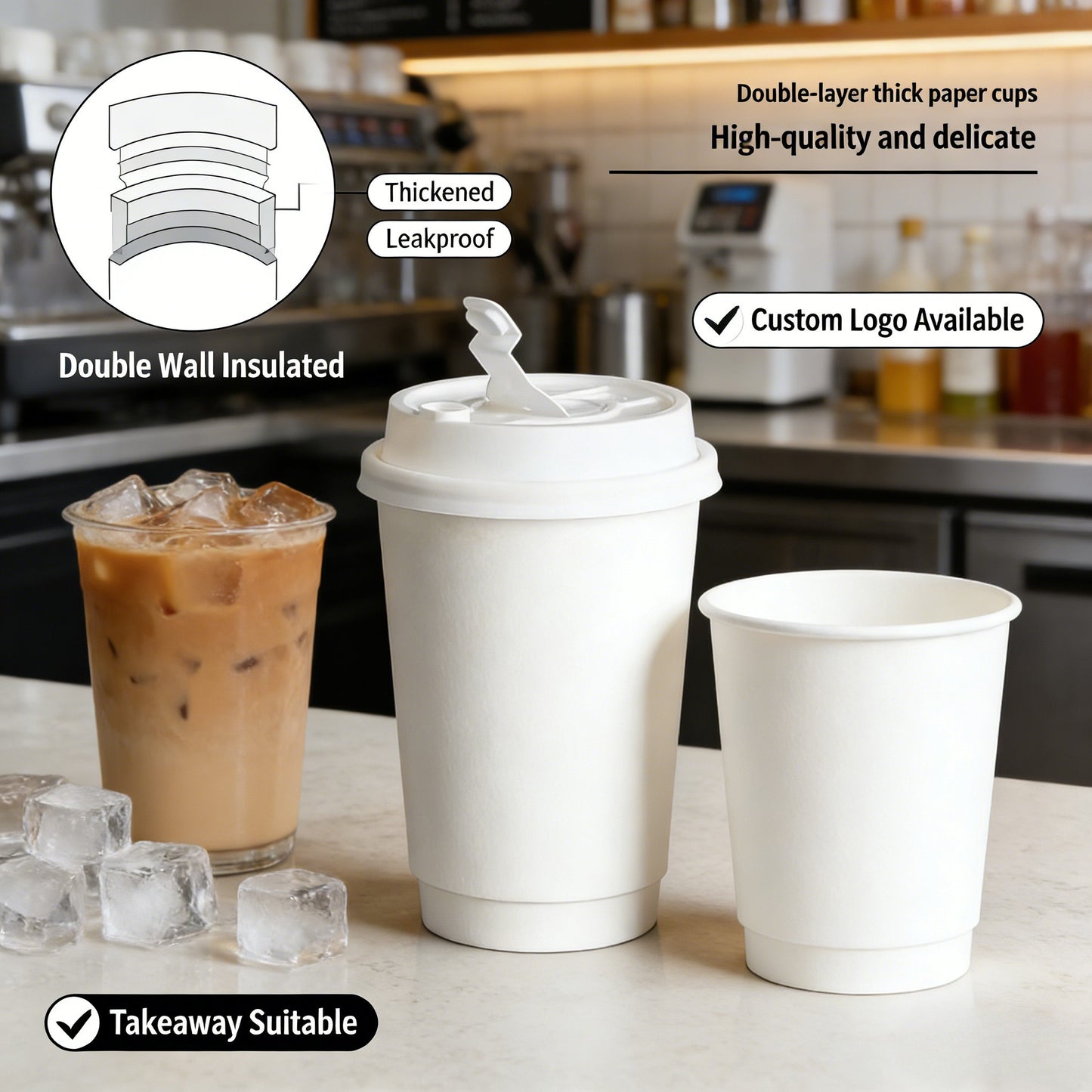Commercial Leak Proof Paper Cup with Lids, Double Layer Thick Disposable Cups for Iced Coffee & Beverage, Bulk Pack for Business