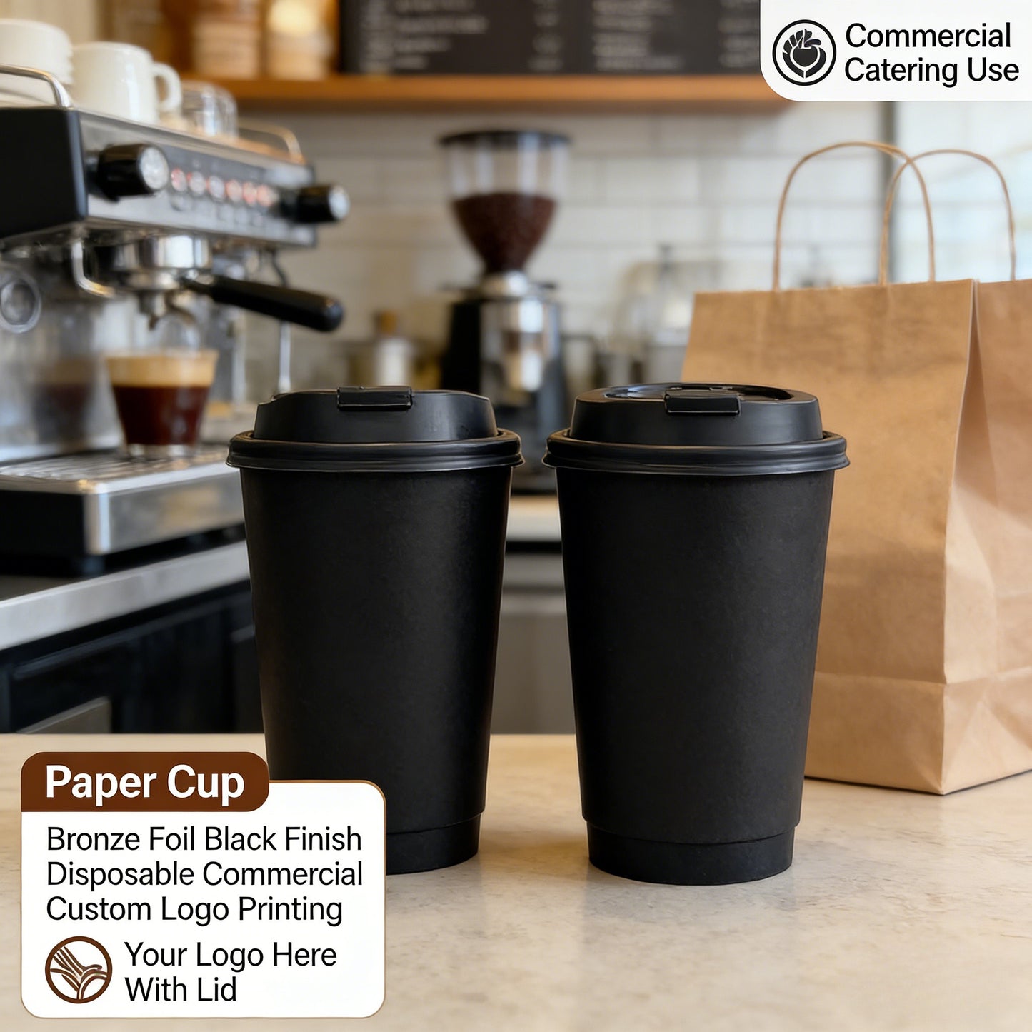 Double Wall Thickened Paper Cup Wholesale Bronze Foil Black Commercial with Lid Custom Logo Printing for Hot Drinks