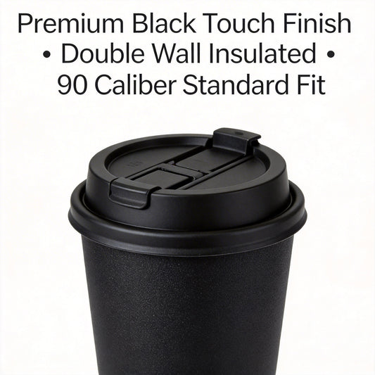 90 Caliber Double Wall Thickened Disposable Paper Cup Wholesale Black Touch Finish with Lid for Hot Drinks Commercial Takeaway