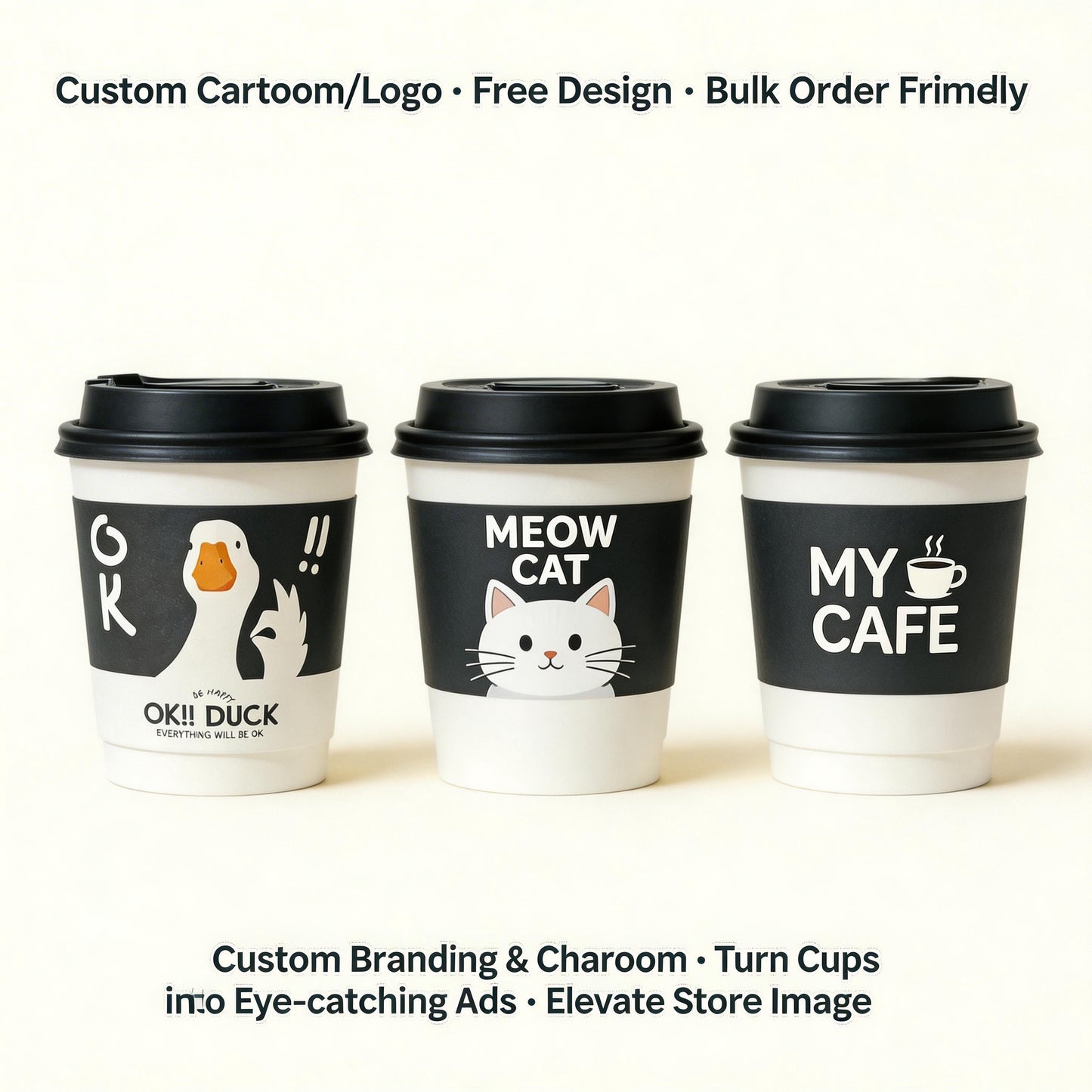 Double Wall Thickened Cartoon Paper Cups Wholesale, for Coffee Milk Tea Hot Drinks, Commercial Takeaway Disposable