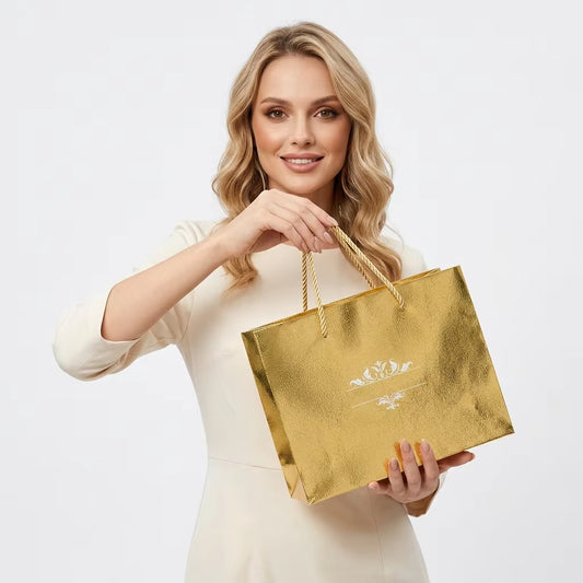 Custom Gold Cardboard Paper Bags, Shiny Metallic Gift Bags with Logo for High End Cosmetic and Perfume Brand
