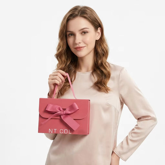 Custom Glossy Coated Art Paper Gift Bags with Satin Ribbon Bow, 250gsm Rigid Shopping Bags with Ribbon Handles for Premium Gifts