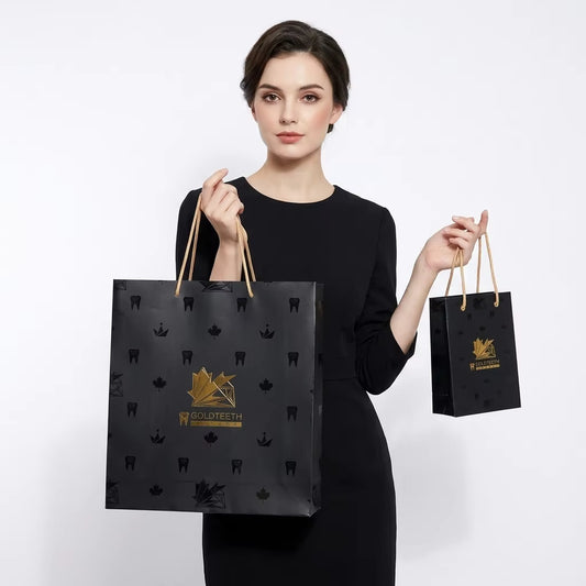 Black Cardboard Gift Bags with Paper Handles, 12x6x14 Inch Shopping Bags for Cosmetics and Perfume