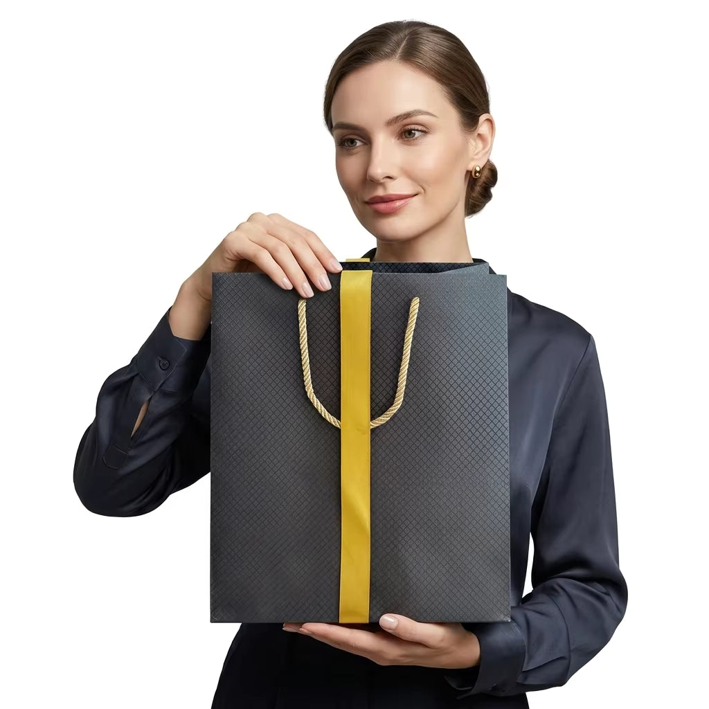 Custom Textured Paper Gift Bags with Logo, 250gsm Specialty Paper Shopping Bags with Ribbon Handles for Wedding Favors
