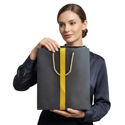 Custom Textured Paper Gift Bags with Logo, 250gsm Specialty Paper Shopping Bags with Ribbon Handles for Wedding Favors