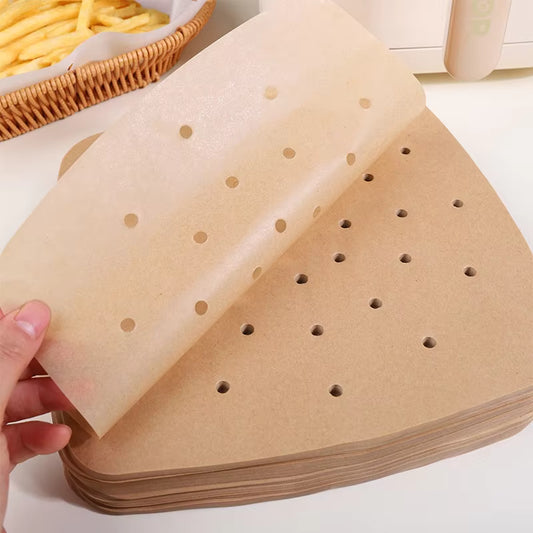Perforated Air Fryer Paper Liners, 8 Inch Square, with Holes for Even Airflow, for Crispy Results, 100 Pcs
