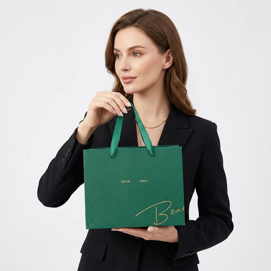 Specialty Paper Gift Bags, 12x6x14 Inch Textured Paper Shopping Bags with Ribbon Handles for Luxury Brand