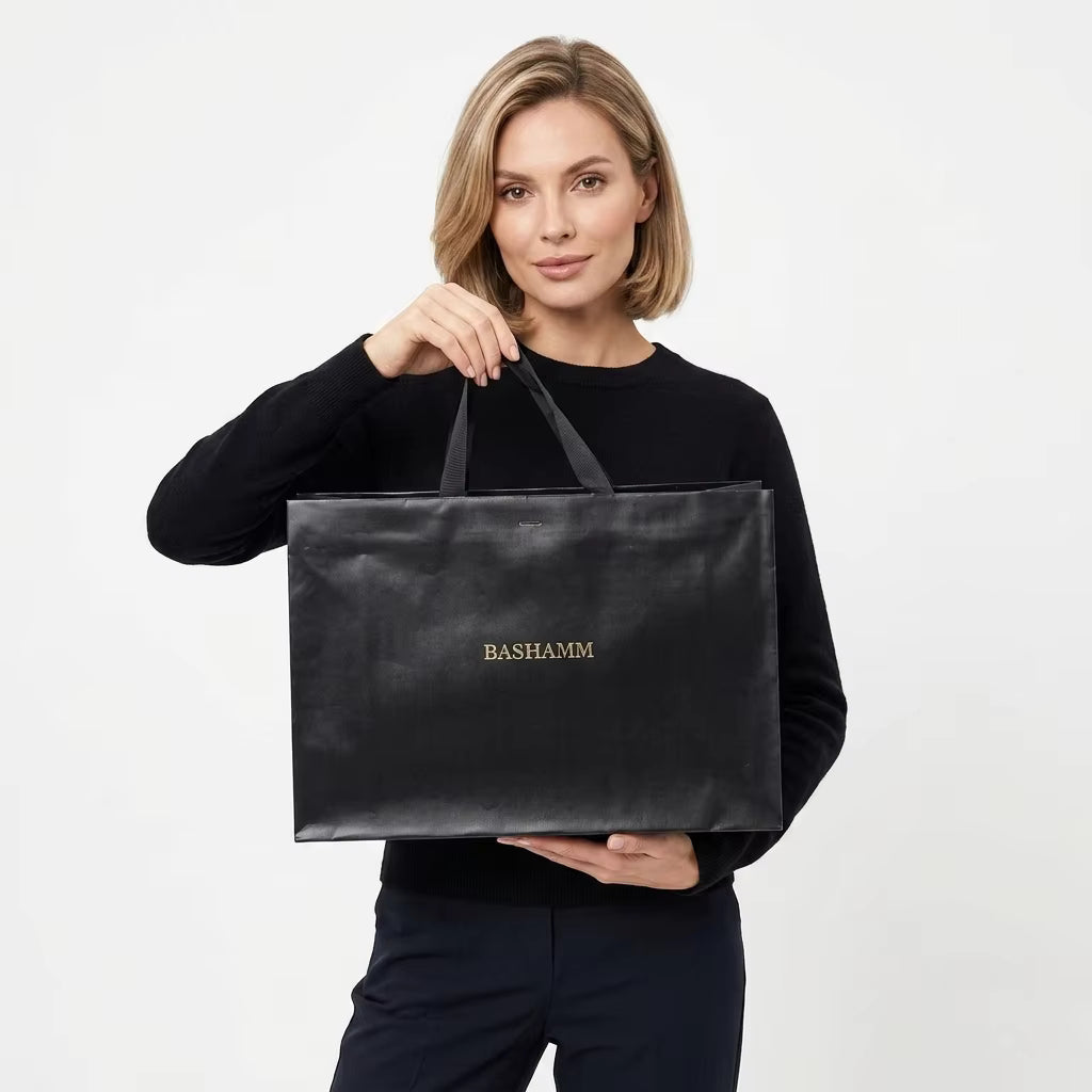 Custom Black Matte Specialty Paper Gift Bags with Gold Logo, 250gsm Rigid Shopping Bags with Handles for Retail Branding