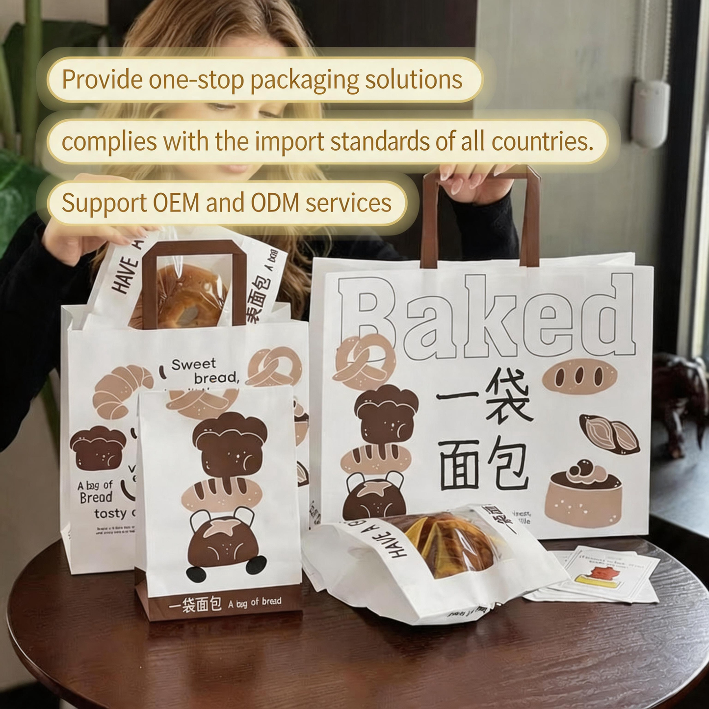 White Kraft Paper Shopping Bag With Flat Paper Handle, Custom Printed Food Grade Recyclable Bakery Takeaway Packaging Bag