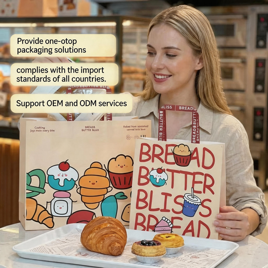 Kraft Paper Shopping Bag With Flat Paper Handle, Custom Printed Food Grade Recyclable Bakery Takeaway Grocery Packaging Bag