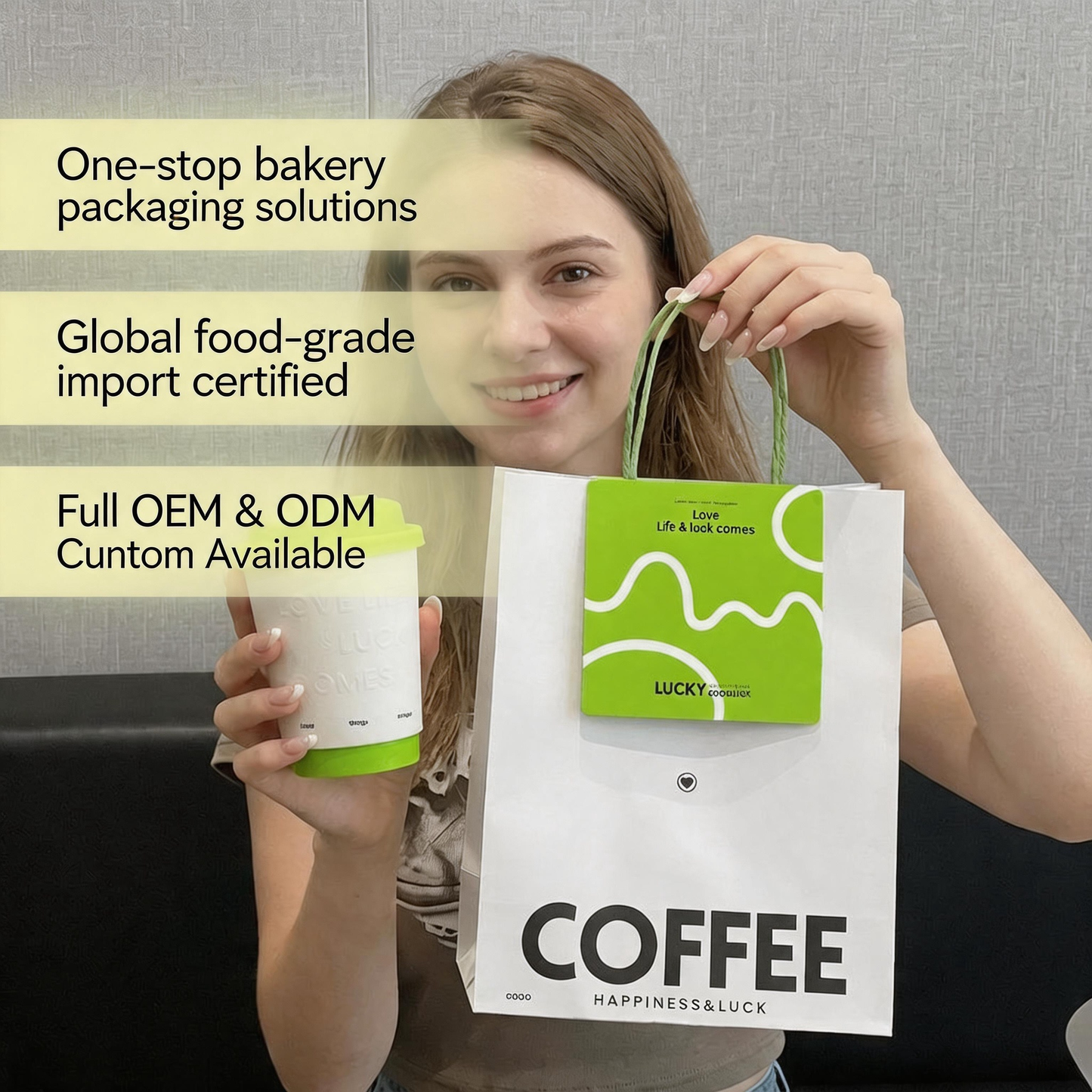 Custom Printed White Kraft Coffee Takeaway Bag with Twisted Paper Rope Handle, Eco Friendly Food Grade Shopping Bag