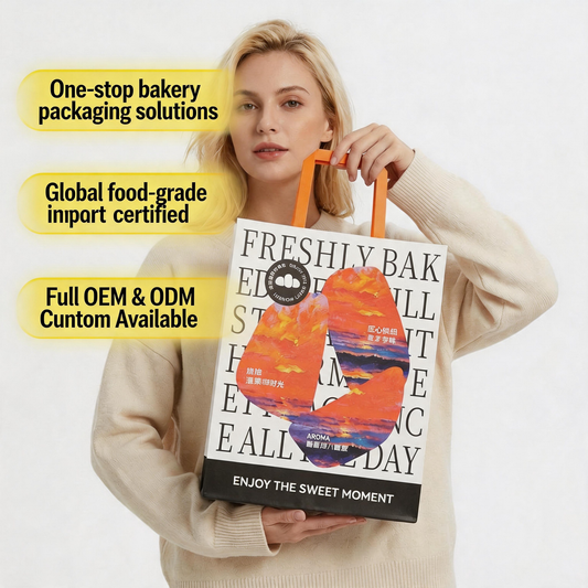 Custom Printed White Kraft Bakery Paper Bag with Flat Handle, Eco Friendly Food Grade Takeaway Shopping Bag