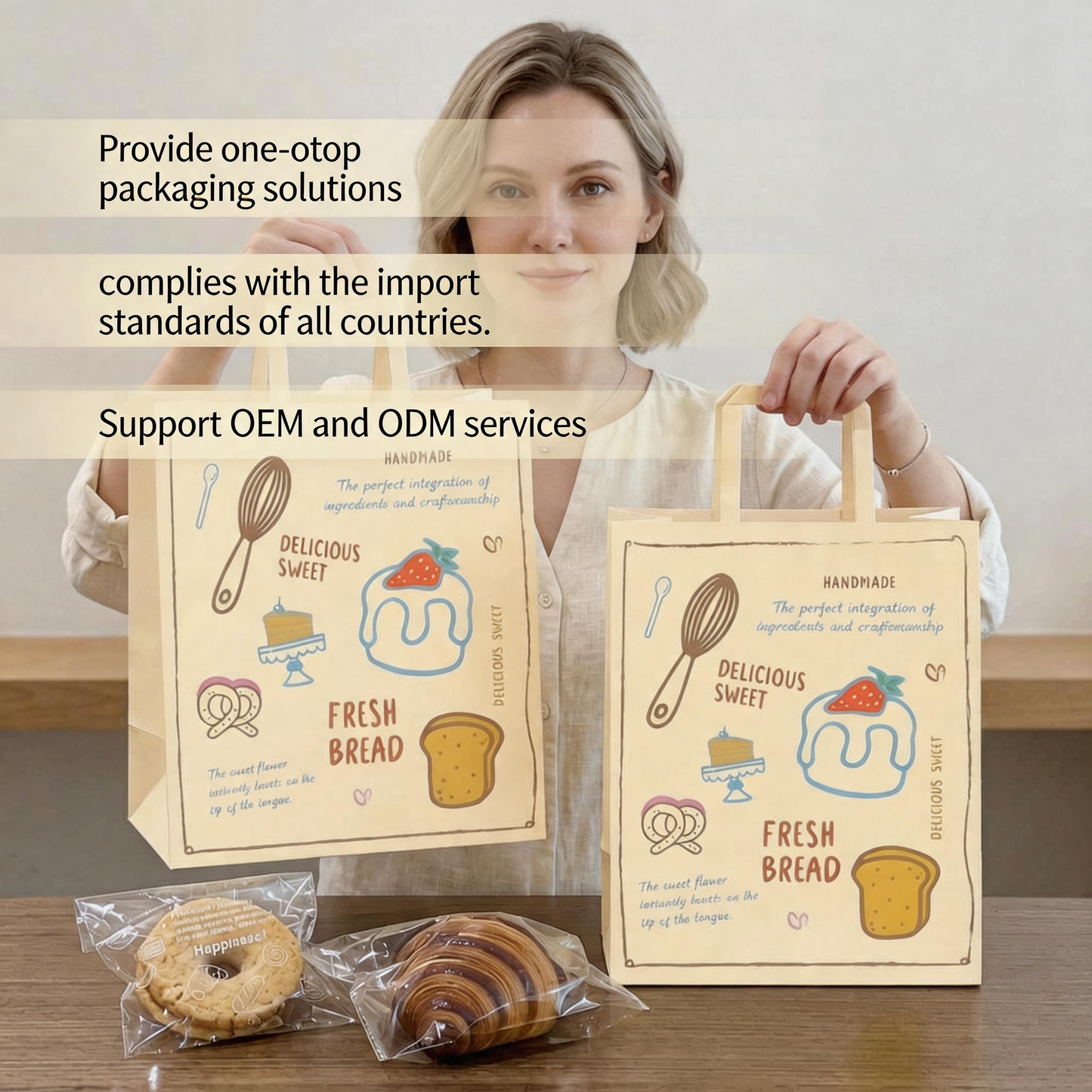 Kraft Paper Shopping Bag With Flat Paper Handle, Custom Printed Food Grade Recyclable Bakery Pastry Takeaway Packaging Bag