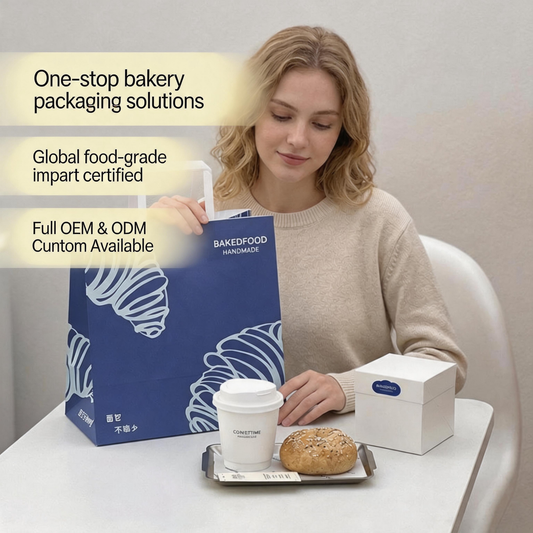 Custom Printed White Kraft Bakery Coffee Takeaway Bag with Flat Handle, Eco Friendly Food Grade Shopping Bag