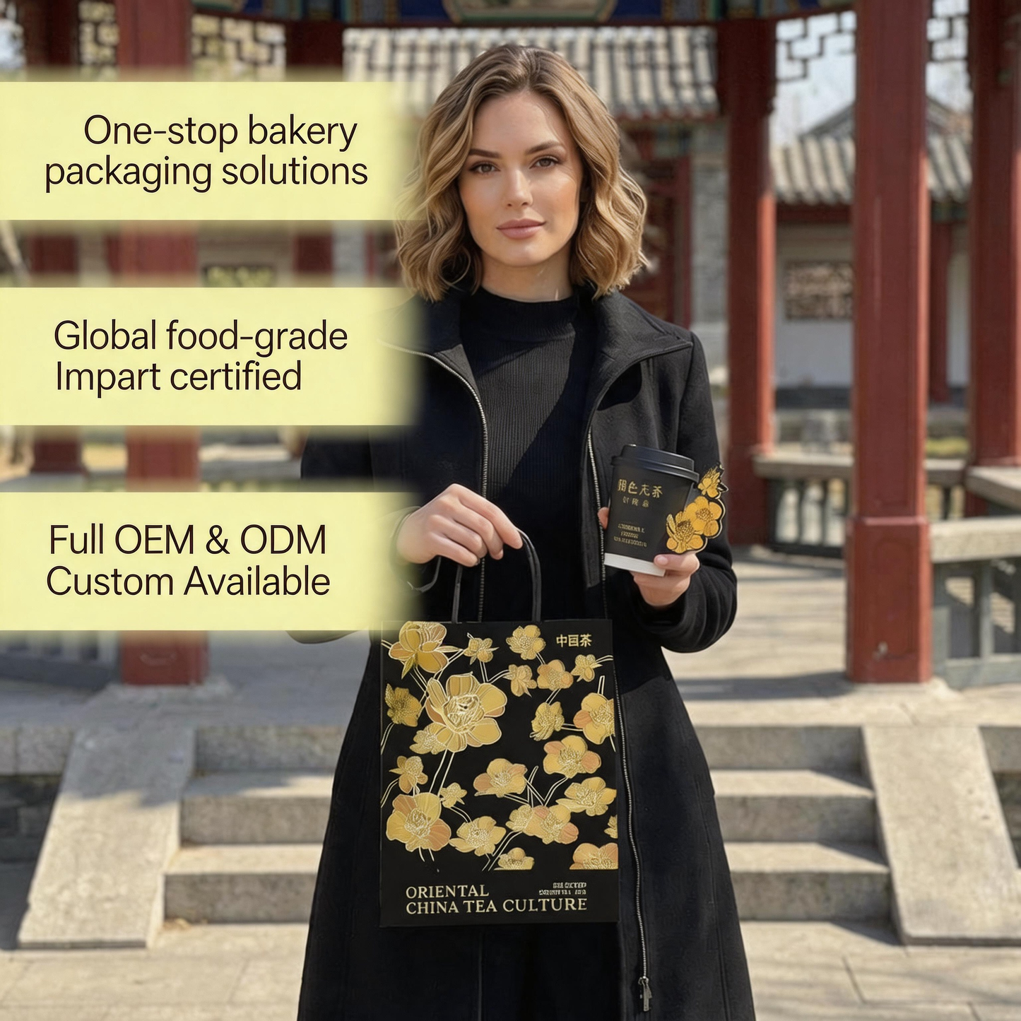 FSC Certified Kraft Paper Bag With Twisted Paper Rope Handle, Hot Stamping Custom Printed Tea Gift Takeaway Packaging Bag