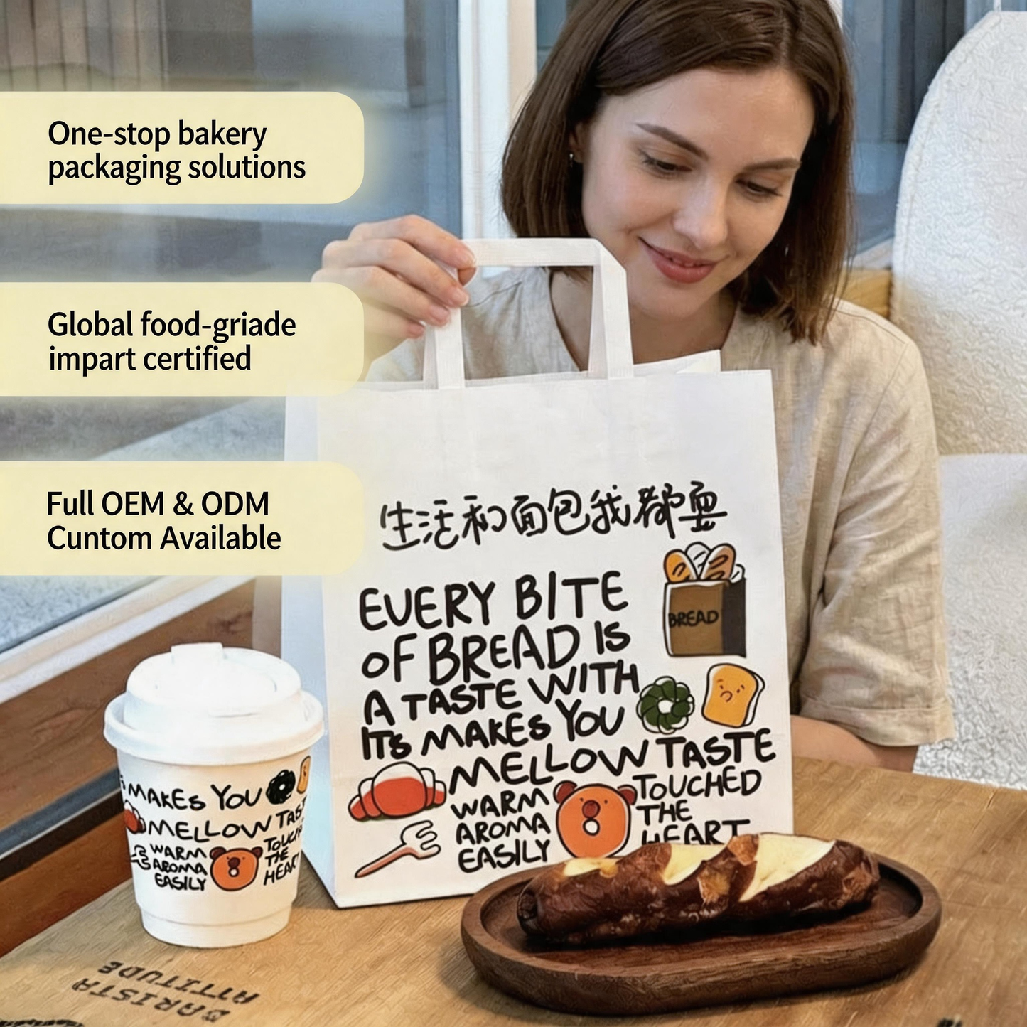 Custom Printed White Kraft Bakery Coffee Takeaway Bag with Flat Handle, Eco Friendly Food Grade Shopping Bag
