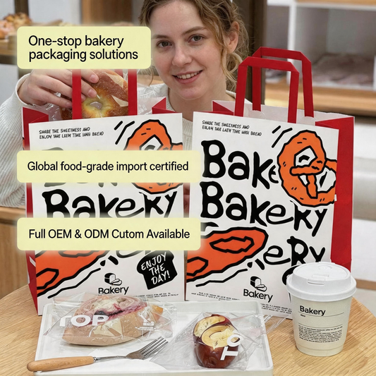 White Kraft Paper With Red Flat Paper Handle, Custom Printed Food Grade Recyclable Bakery Bread & Coffee Takeaway Packaging Bag