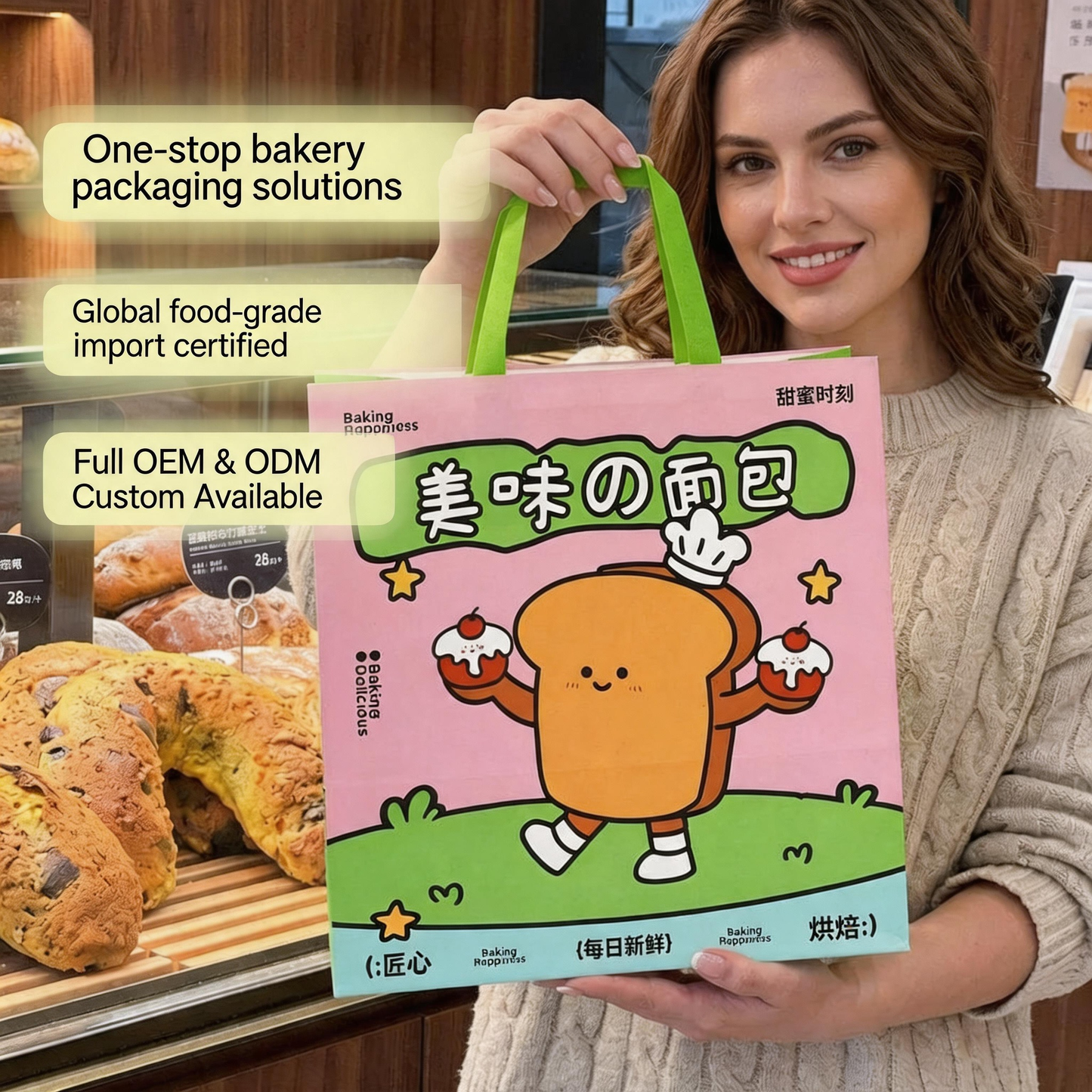 White Kraft Paper Shopping Bag With Flat Paper Handle, Custom Printed Food Grade Recyclable Bakery Pastry Takeaway Packaging Bag