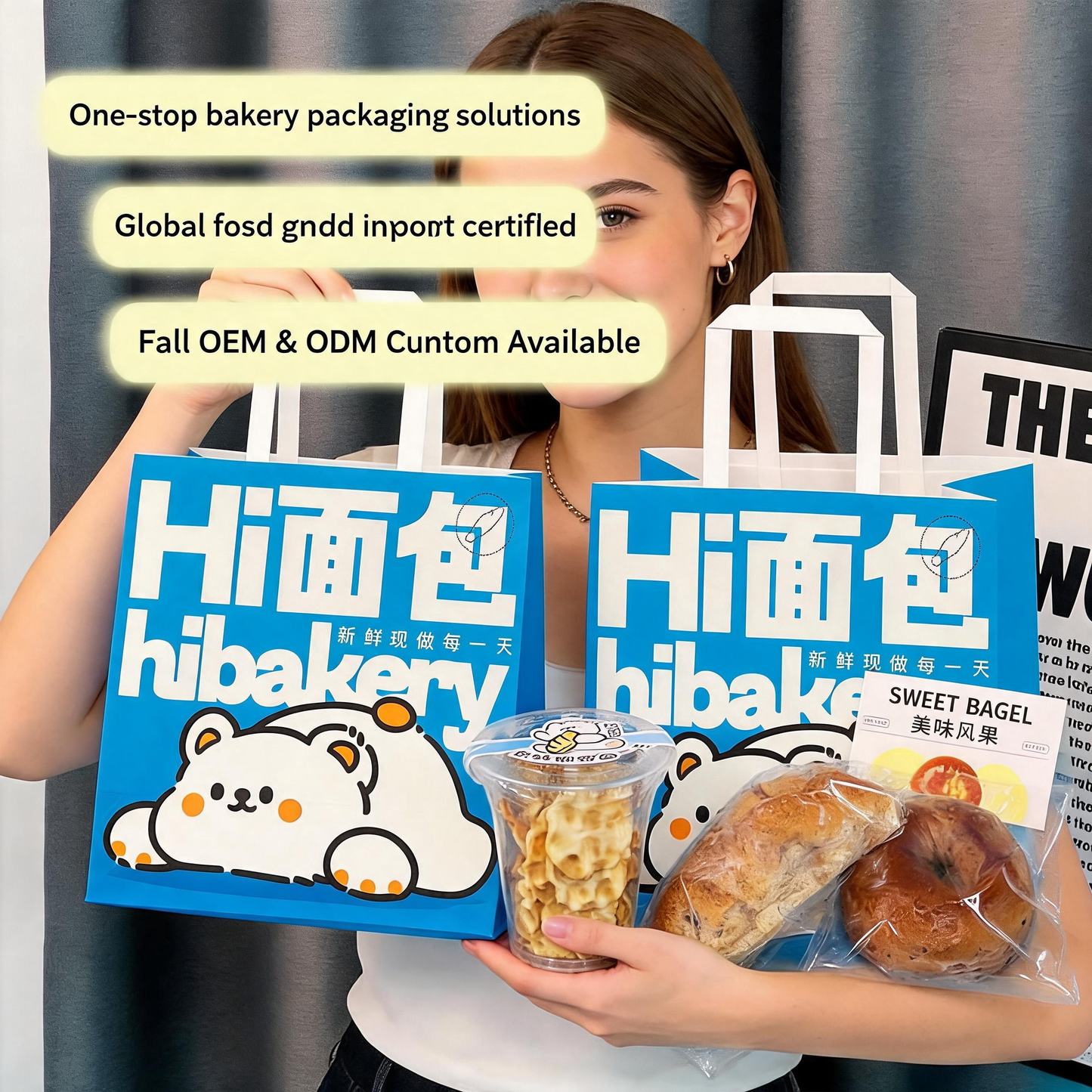 White Kraft Bag With White Flat Handle, Custom Printed Food Grade Recyclable Bakery Bread Takeaway Packaging Bag