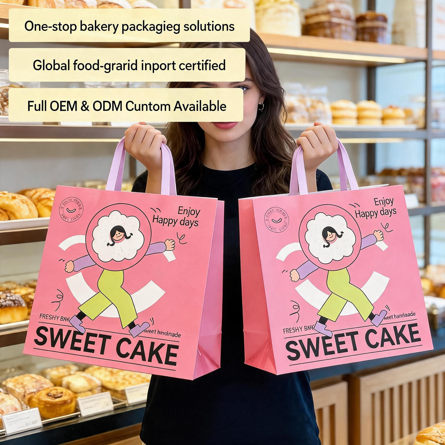 Pink Kraft Carry Bag with Lilac Flat Handle, Cartoon Printed Eco Food Grade Sweet Cake & Bakery Takeaway Gift Packaging