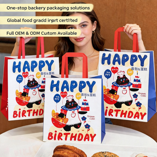 White Kraft Birthday Carry Bag with Red Flat Handle, Cartoon Printed Eco Food Grade Cake & Bread Gift Takeaway Packaging