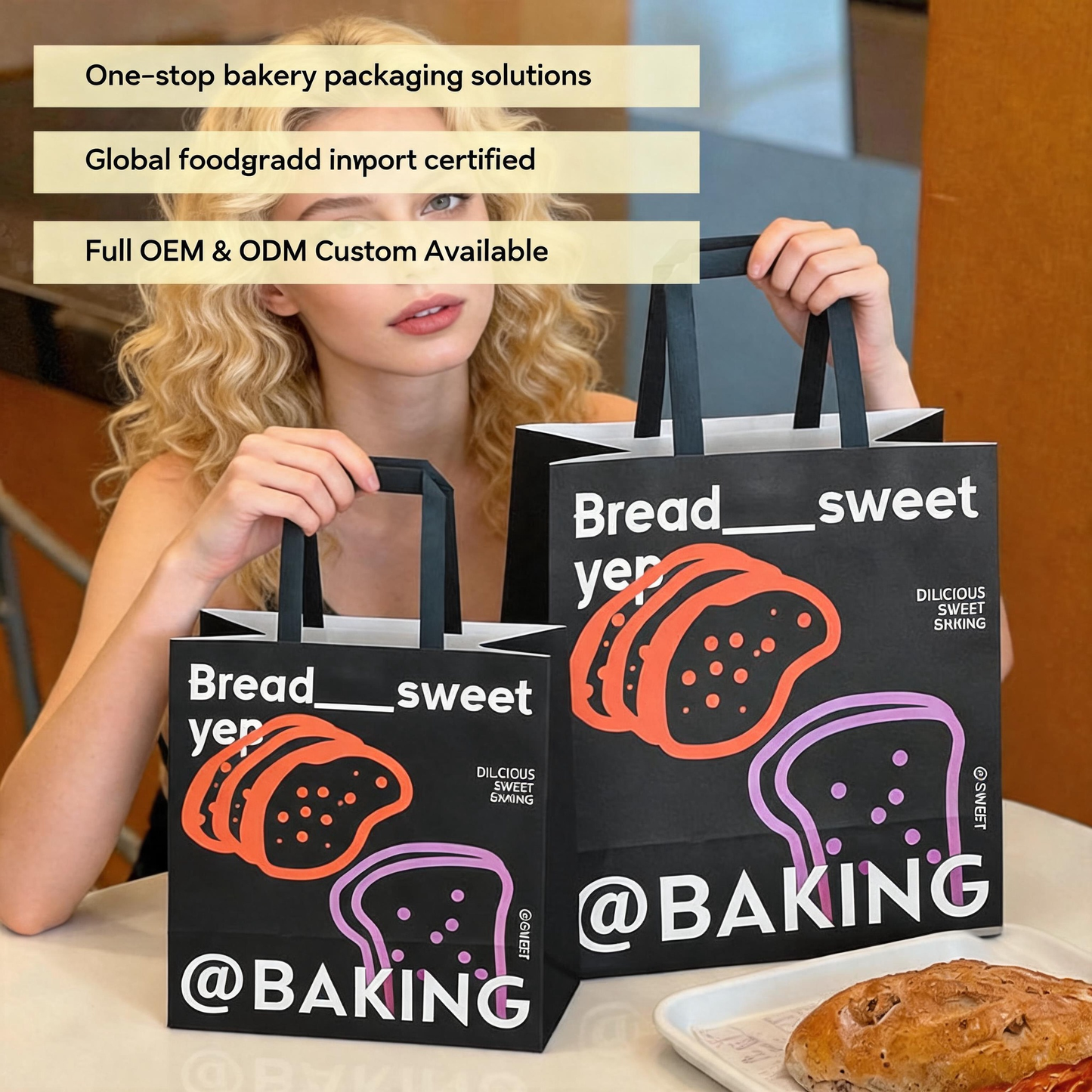 Black Coated Kraft Carry Bag with Black Flat Handle, Custom Printed Eco Food Grade Bread & Pastry Bakery Takeaway Packaging